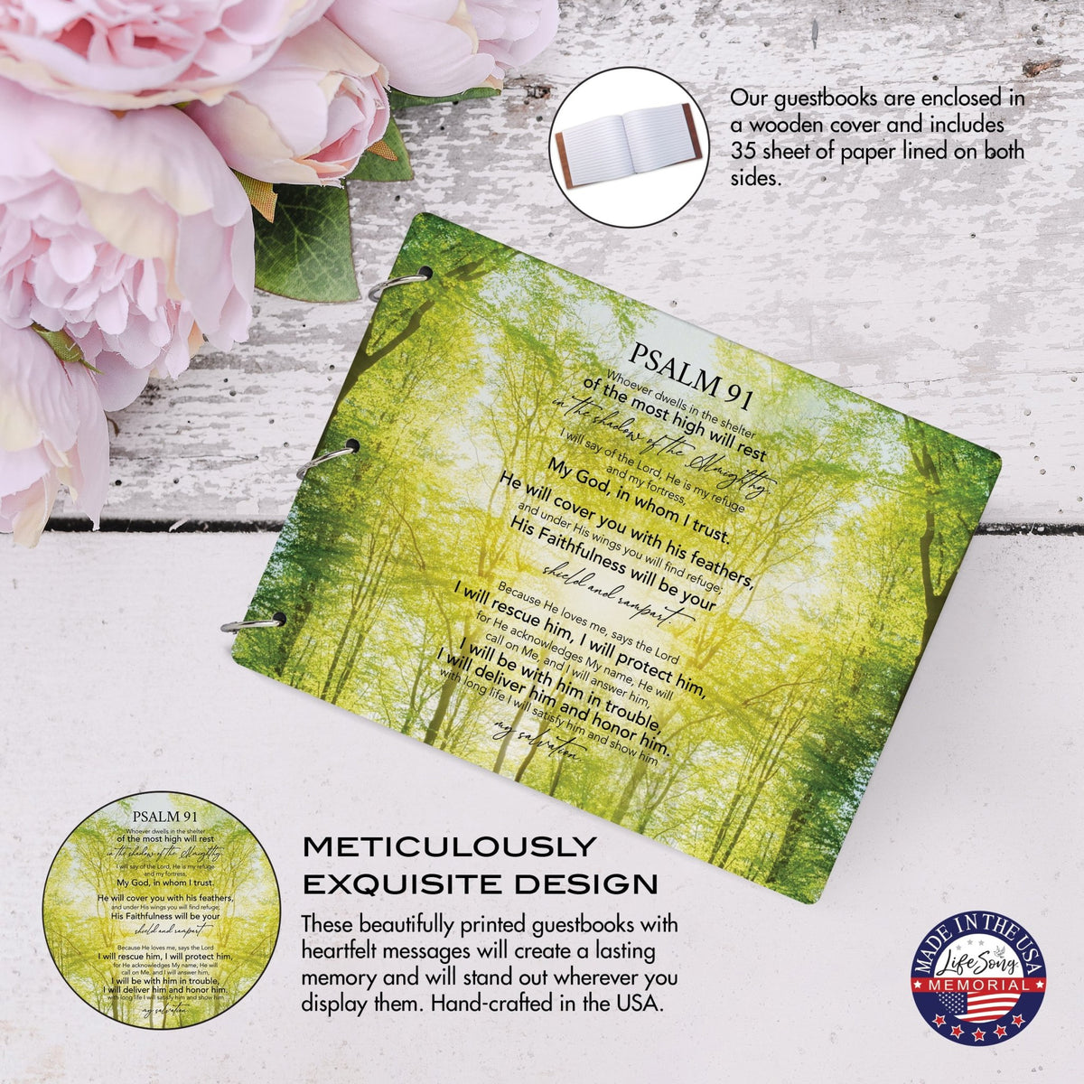 Celebration Of Life Funeral Guest Books For Memorial Services Registry With Wooden Cover - Psalm 91 - LifeSong Milestones