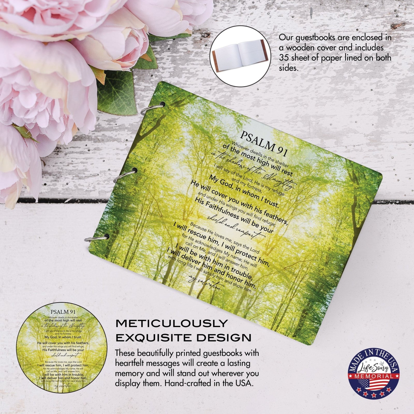 Celebration Of Life Funeral Guest Books For Memorial Services Registry With Wooden Cover - Psalm 91 - LifeSong Milestones