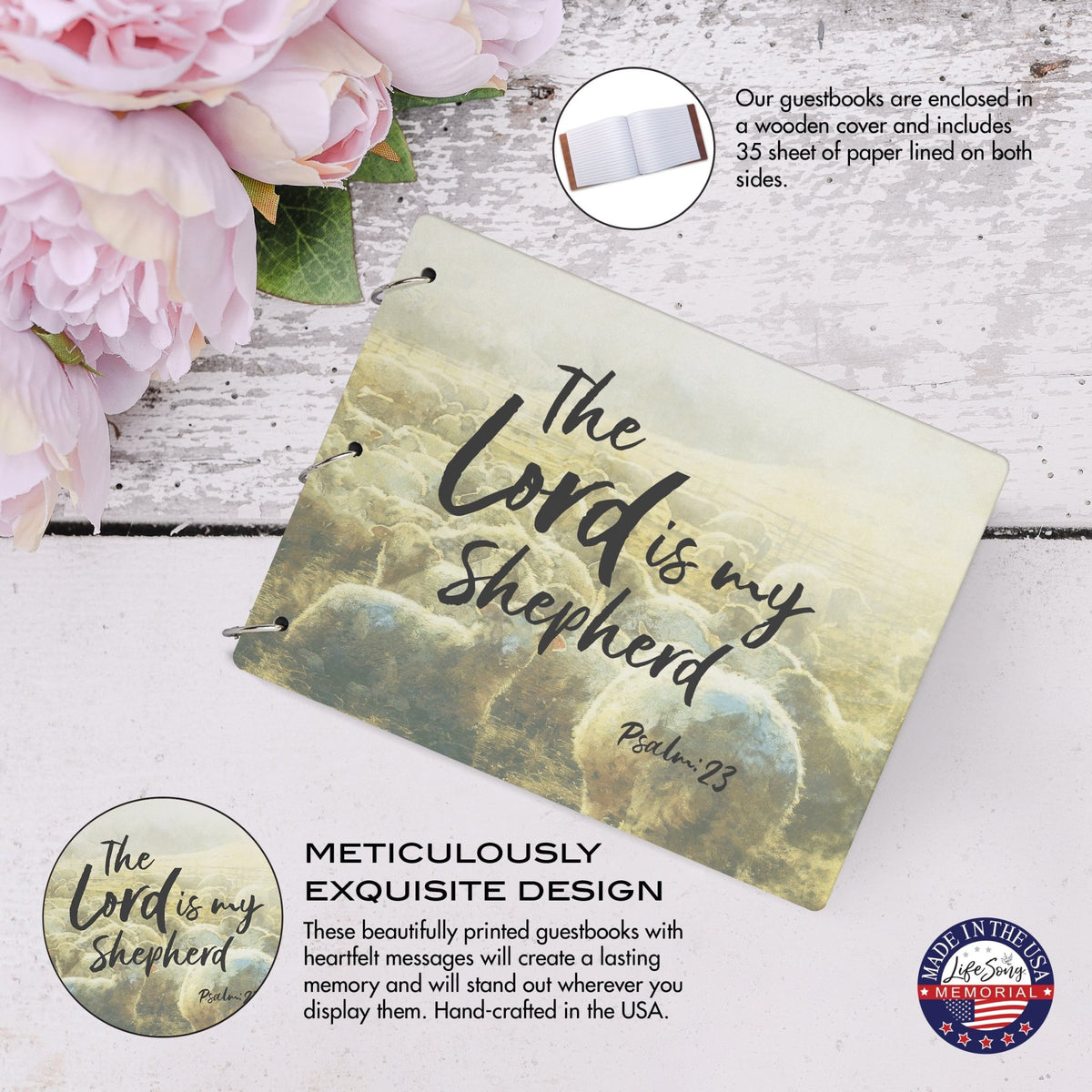 Celebration Of Life Funeral Guest Books For Memorial Services Registry With Wooden Cover - The Lord Is My Shepherd - LifeSong Milestones