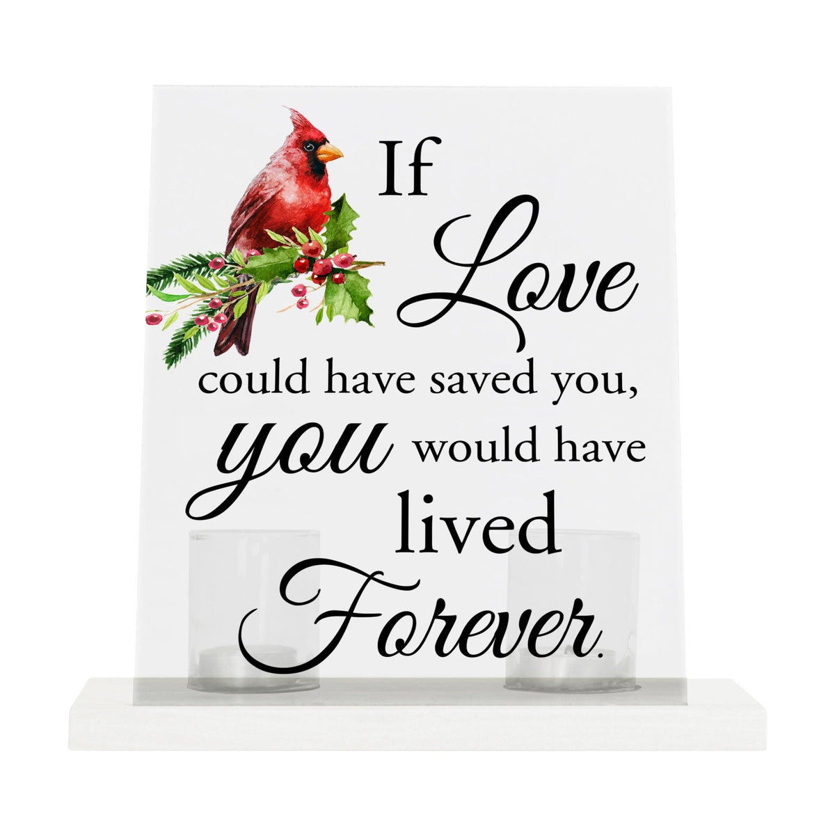 A beautifully crafted candle holder for votive candles, designed as a memorial gift. The Lifesong Milestones Cardinal Memorial Frosted Acrylic Sign with Base stands at the center, radiating comfort and remembrance.