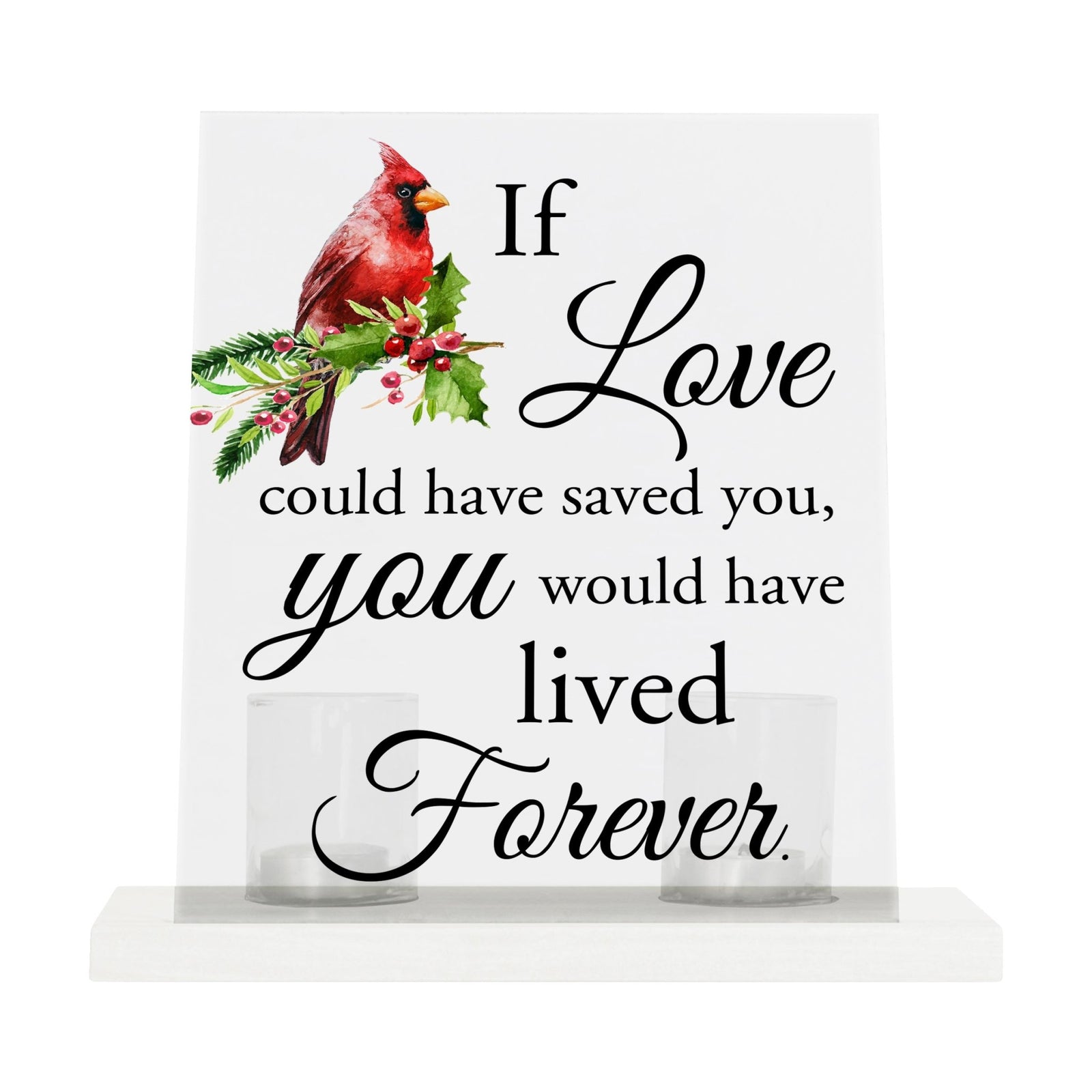 A beautifully crafted candle holder for votive candles, designed as a memorial gift. The Lifesong Milestones Cardinal Memorial Frosted Acrylic Sign with Base stands at the center, radiating comfort and remembrance.