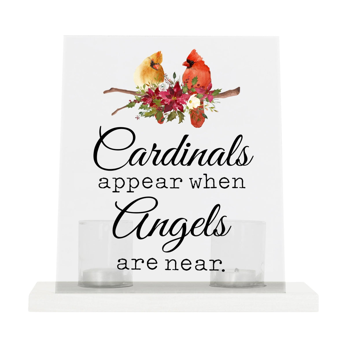 A solemn memorial display featuring a Lifesong Milestones Cardinal Memorial Frosted Acrylic Sign with Base and Votive Candle Holder. The tealight candle holder provides a warm glow, while votive candles surround it, creating a touching memory.