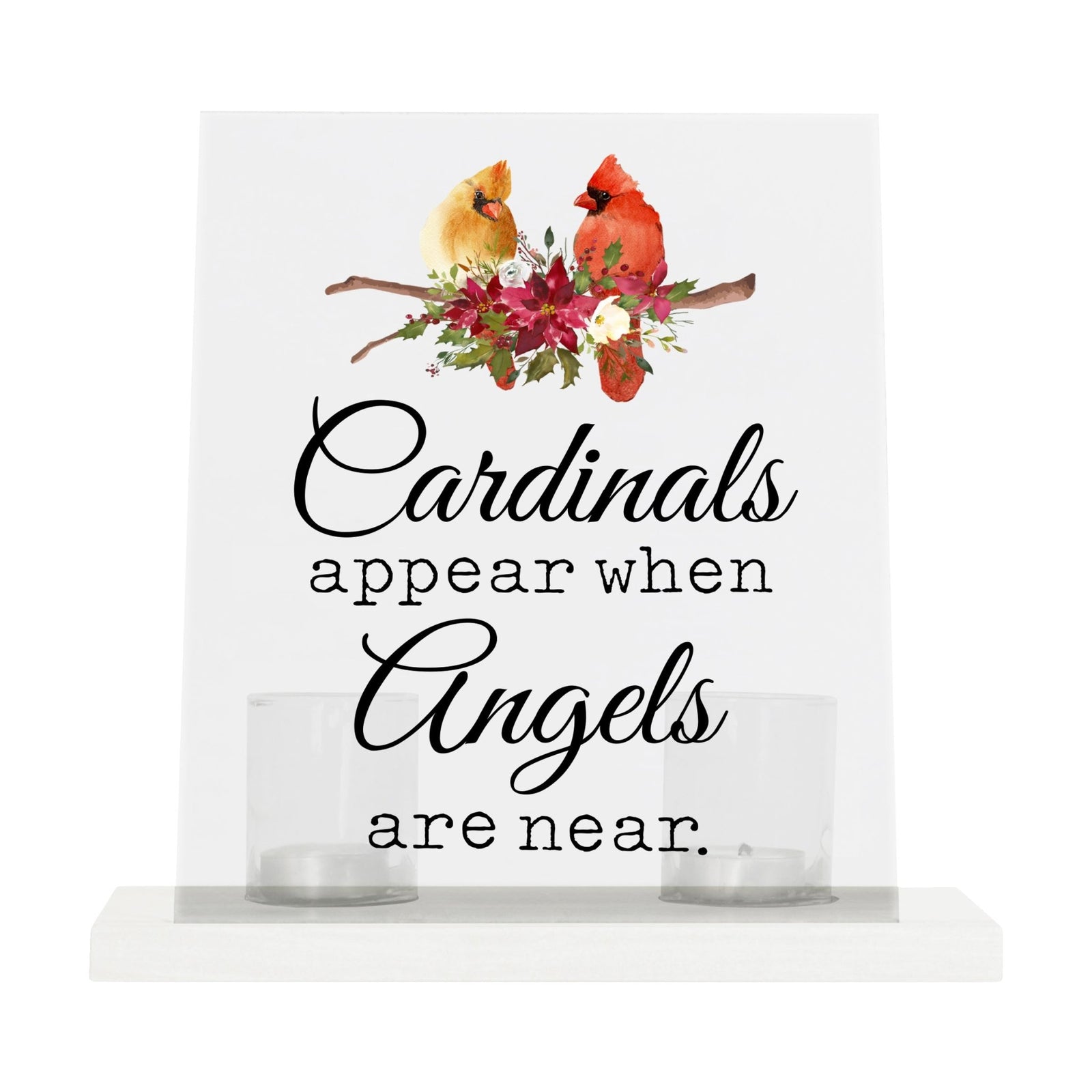 A solemn memorial display featuring a Lifesong Milestones Cardinal Memorial Frosted Acrylic Sign with Base and Votive Candle Holder. The tealight candle holder provides a warm glow, while votive candles surround it, creating a touching memory.