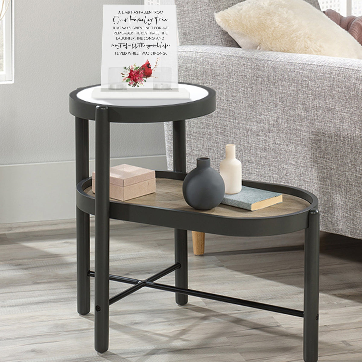 A beautifully crafted candle holder for votive candles, designed as a memorial gift. The Lifesong Milestones Cardinal Memorial Frosted Acrylic Sign with Base stands at the center, radiating comfort and remembrance.