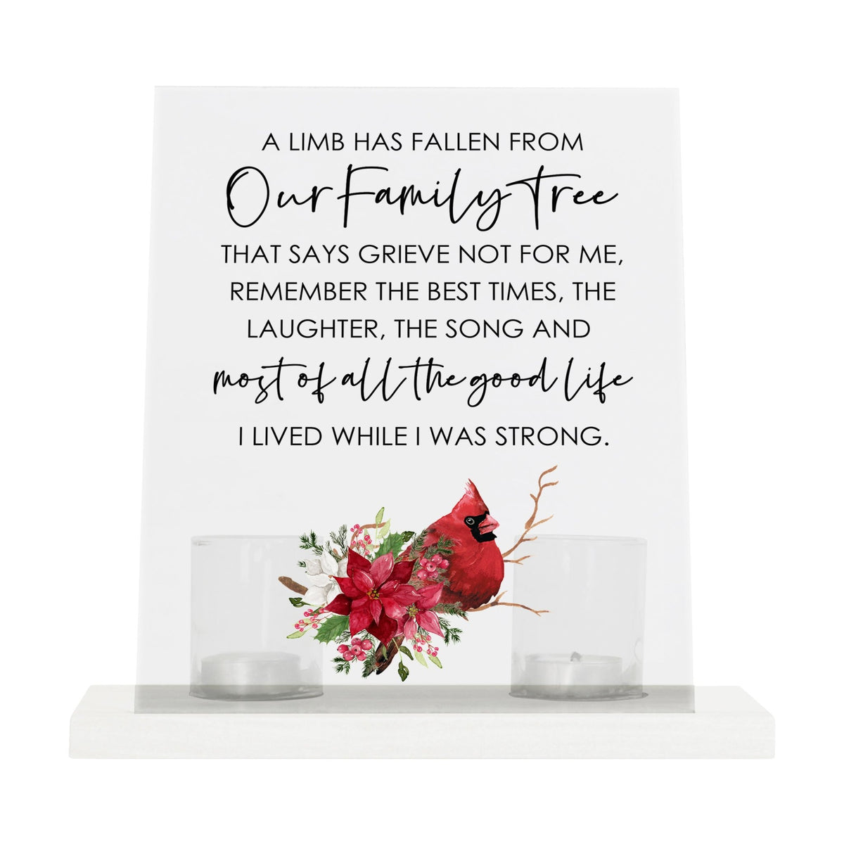 A solemn memorial display featuring a Lifesong Milestones Cardinal Memorial Frosted Acrylic Sign with Base and Votive Candle Holder. The tealight candle holder provides a warm glow, while votive candles surround it, creating a touching memory.