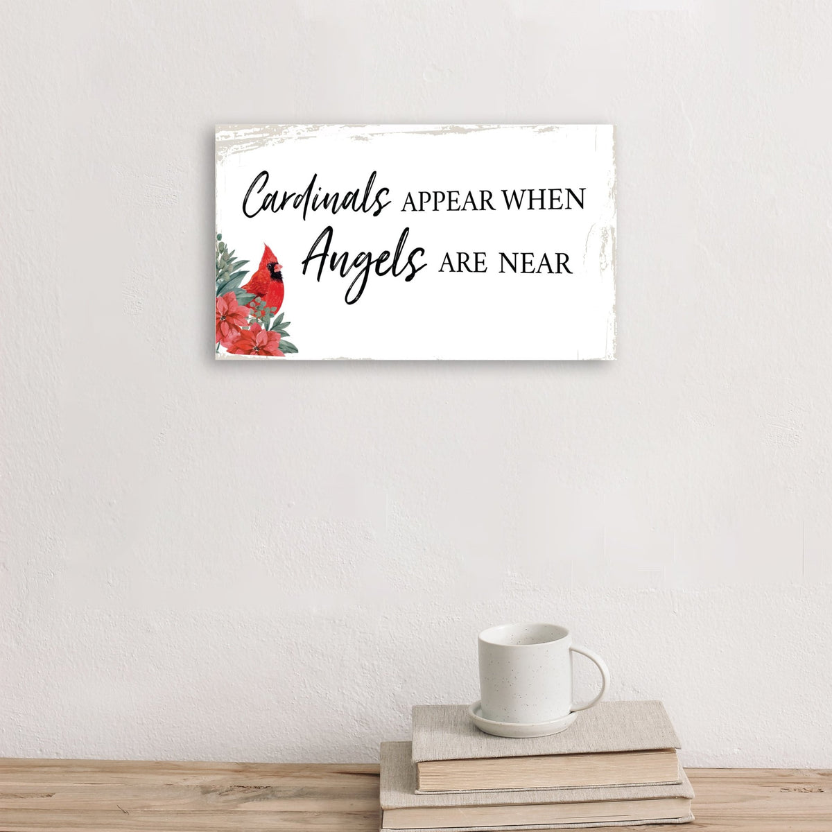 A wooden memorial wall plaque featuring a cardinal, a symbol of remembrance and love.