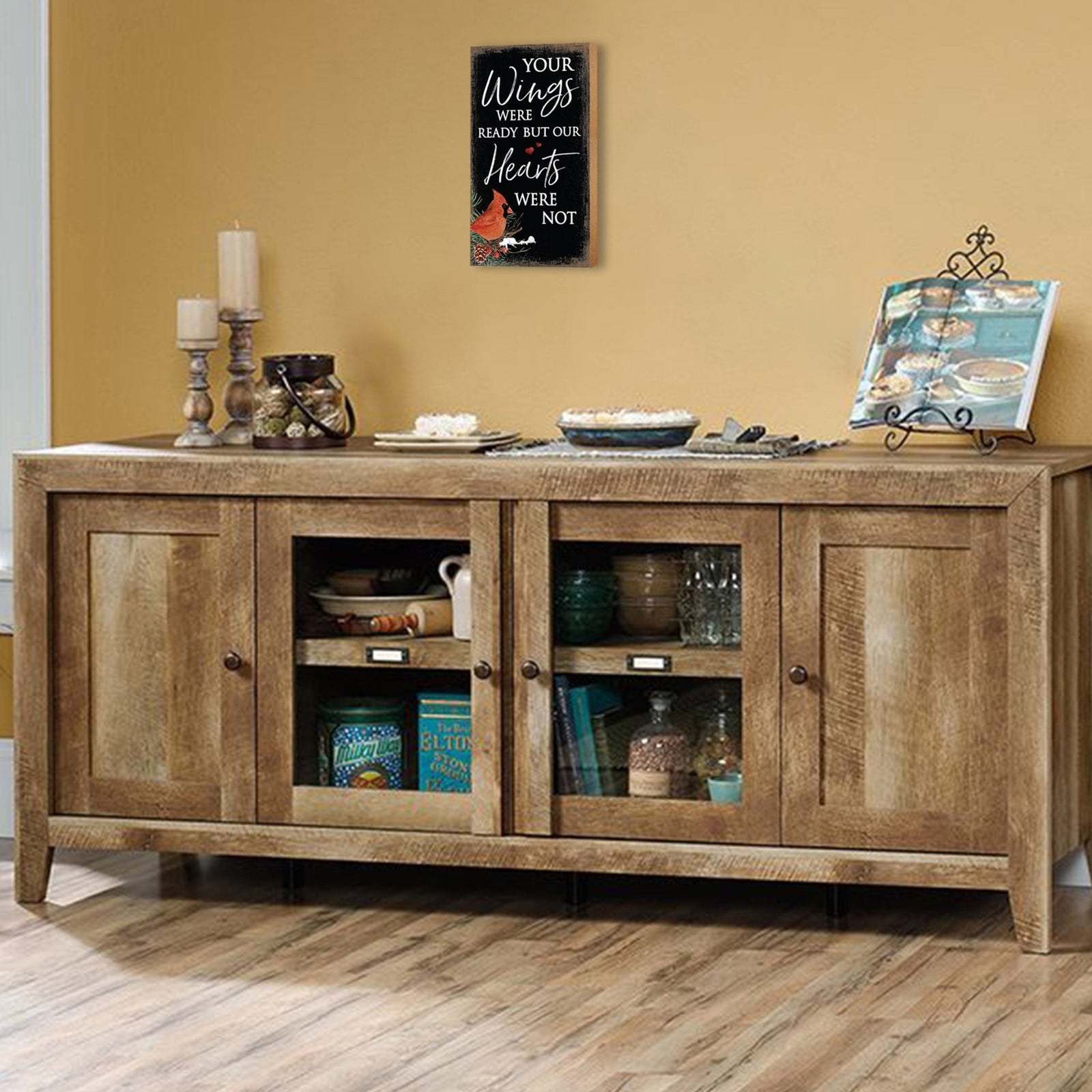 An elegant wooden memorial wall plaque adorned with a cardinal, designed to honor and cherish the memory of your loved one.