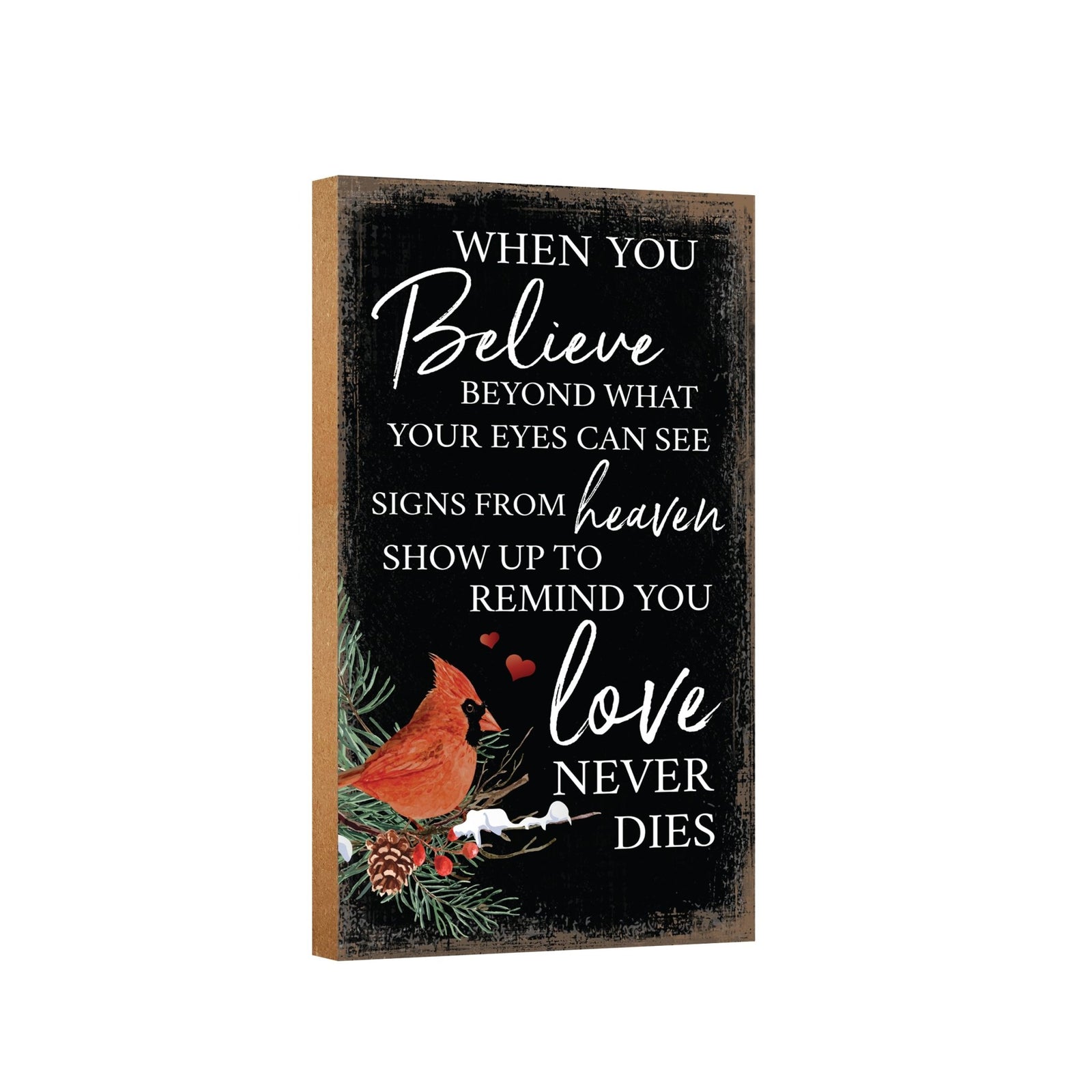 A wooden memorial wall plaque with a heartfelt design.