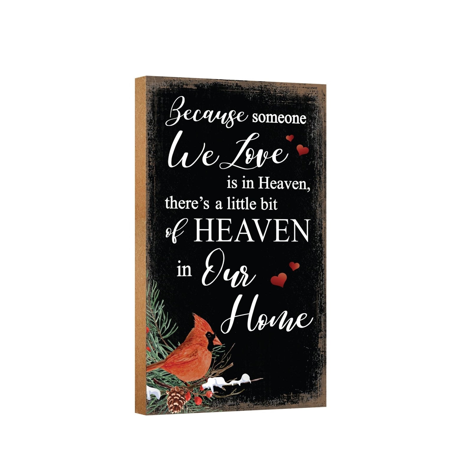 A wooden memorial wall plaque featuring a cardinal, a symbol of remembrance and love.