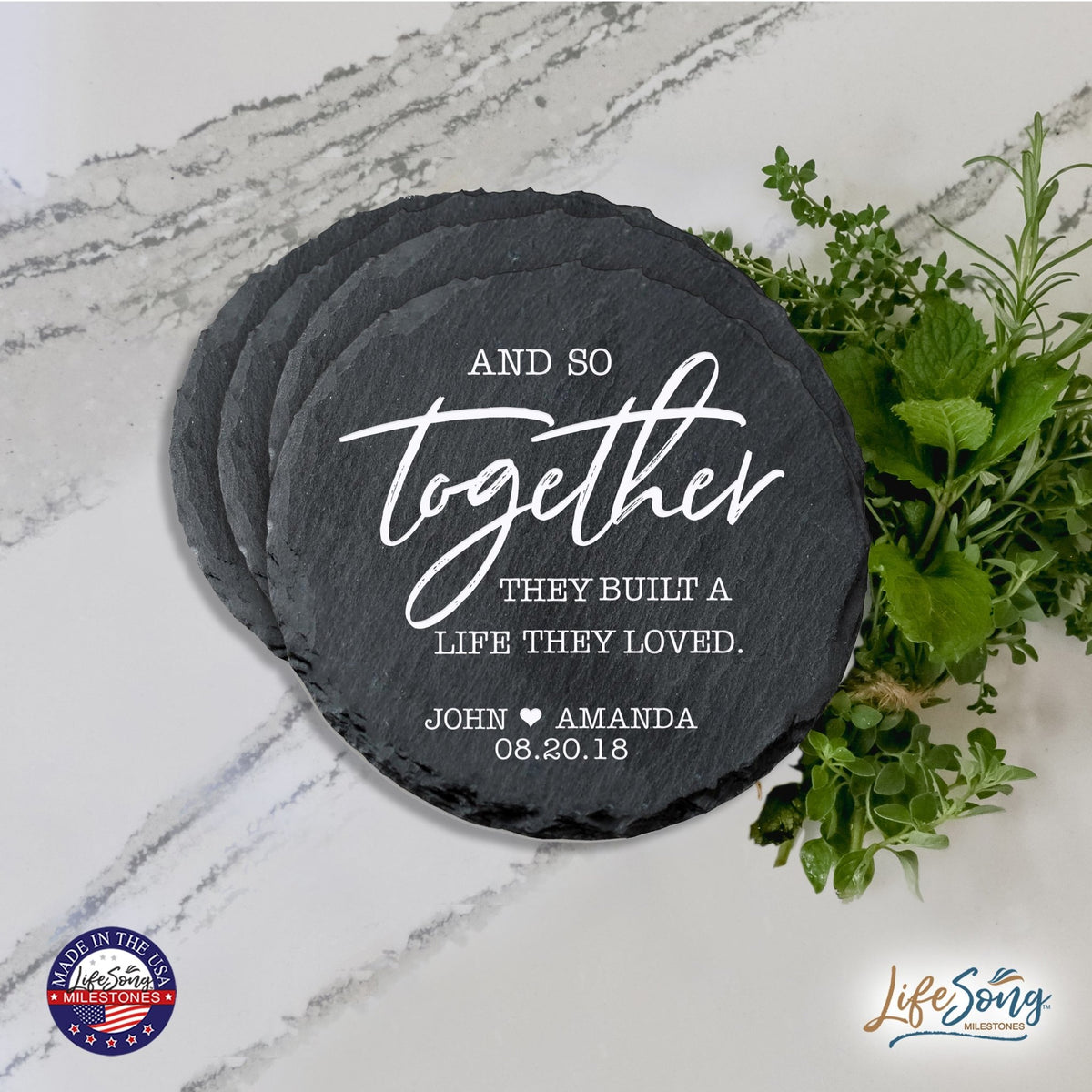 Custom 6pc Coaster Set Kitchen and Tabletop Decorations 4x4 Gift for Couple, Newly Weds, Parents and Grandparents - LifeSong Milestones