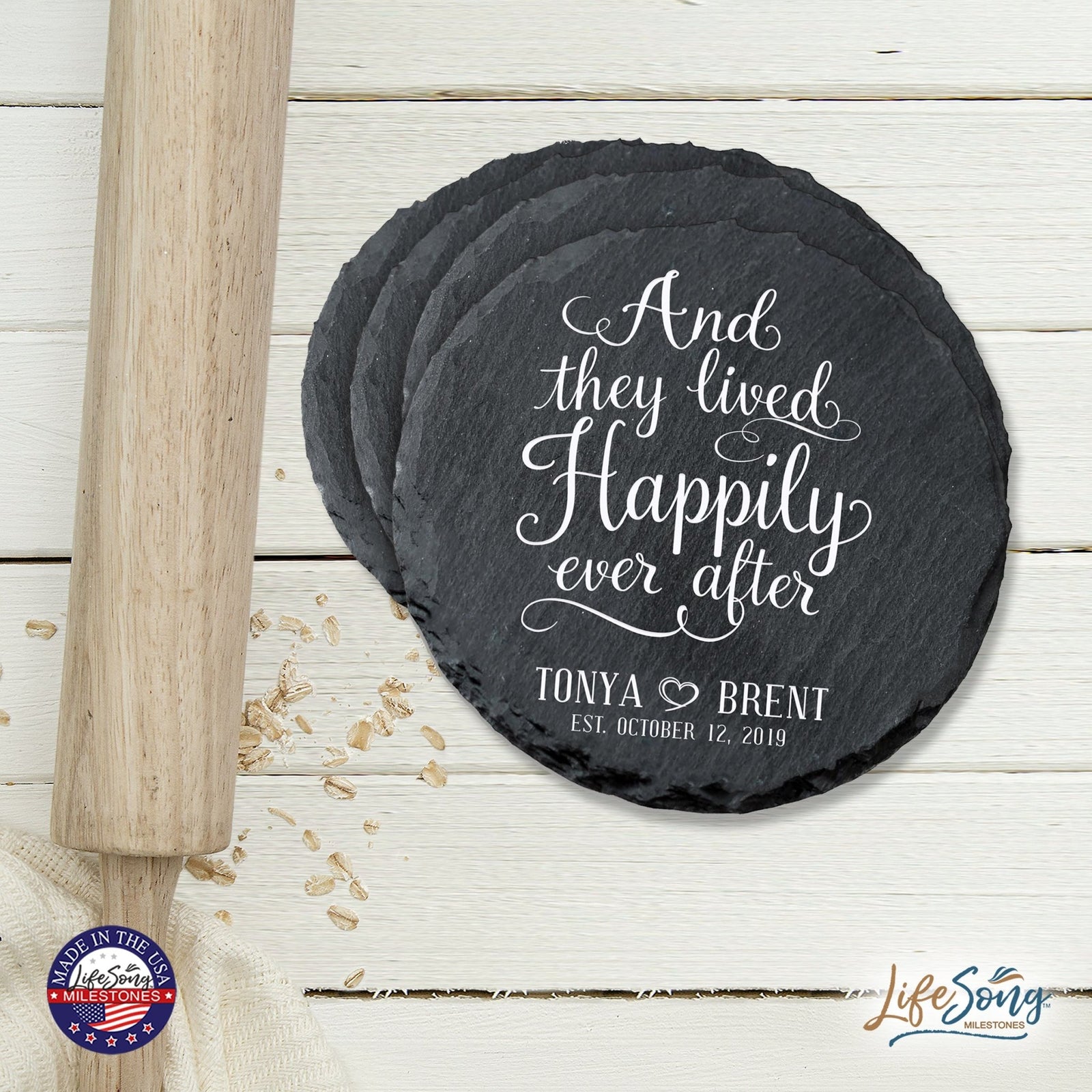 Custom 6pc Coaster Set Kitchen and Tabletop Decorations 4x4 Gift for Couple, Newly Weds, Parents and Grandparents - LifeSong Milestones