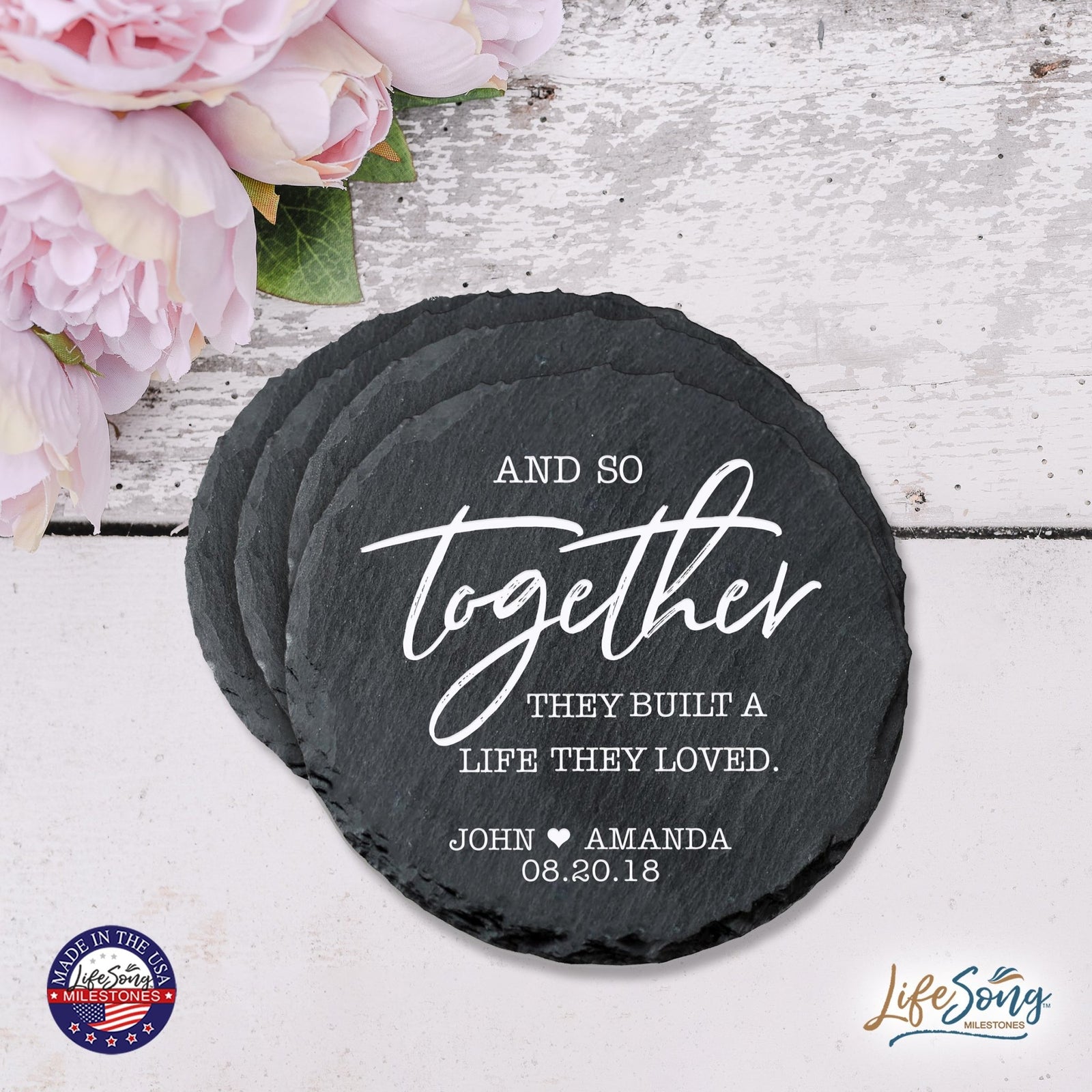 Custom 6pc Coaster Set Kitchen and Tabletop Decorations 4x4 Gift for Couple, Newly Weds, Parents and Grandparents - LifeSong Milestones