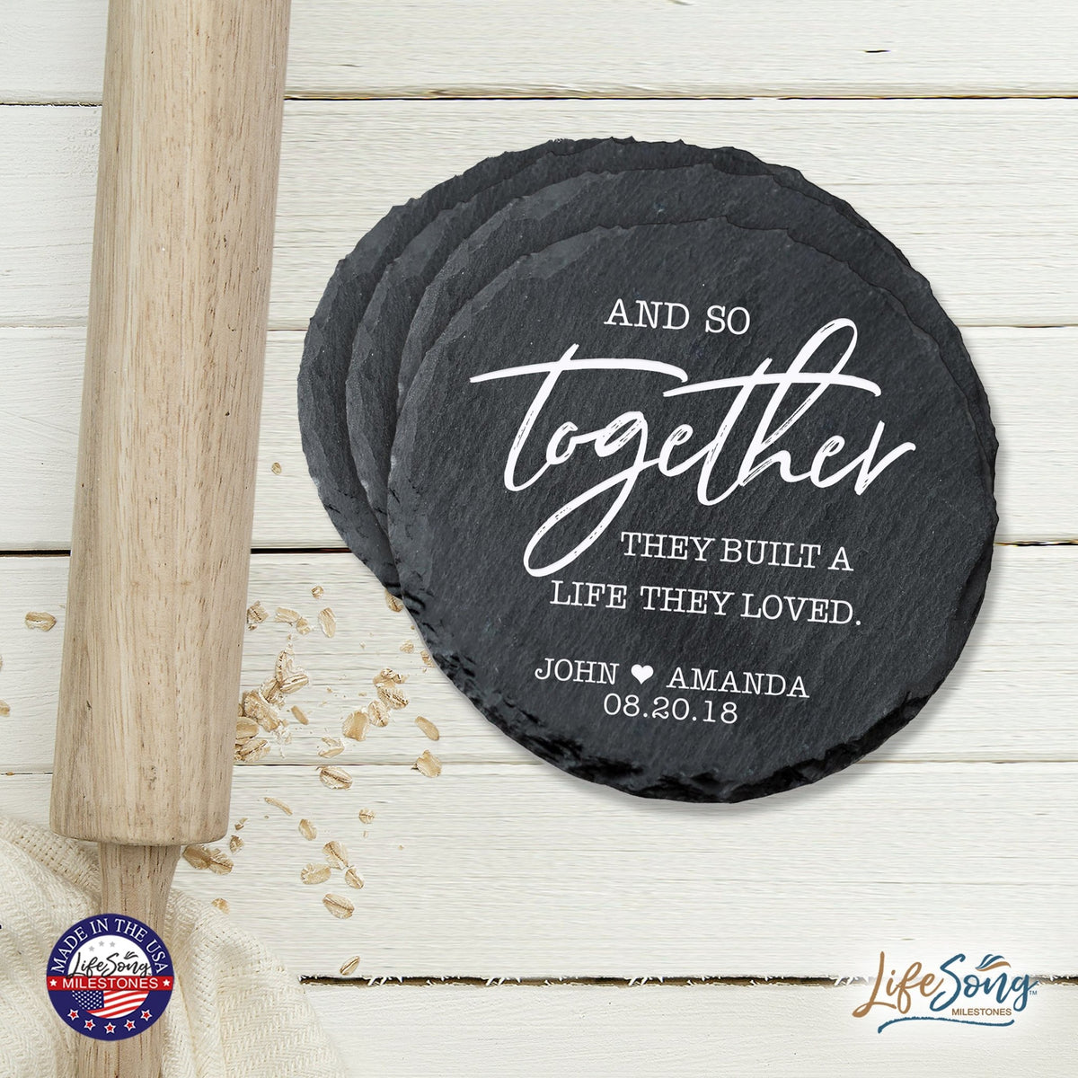 Custom 6pc Coaster Set Kitchen and Tabletop Decorations 4x4 Gift for Couple, Newly Weds, Parents and Grandparents - LifeSong Milestones