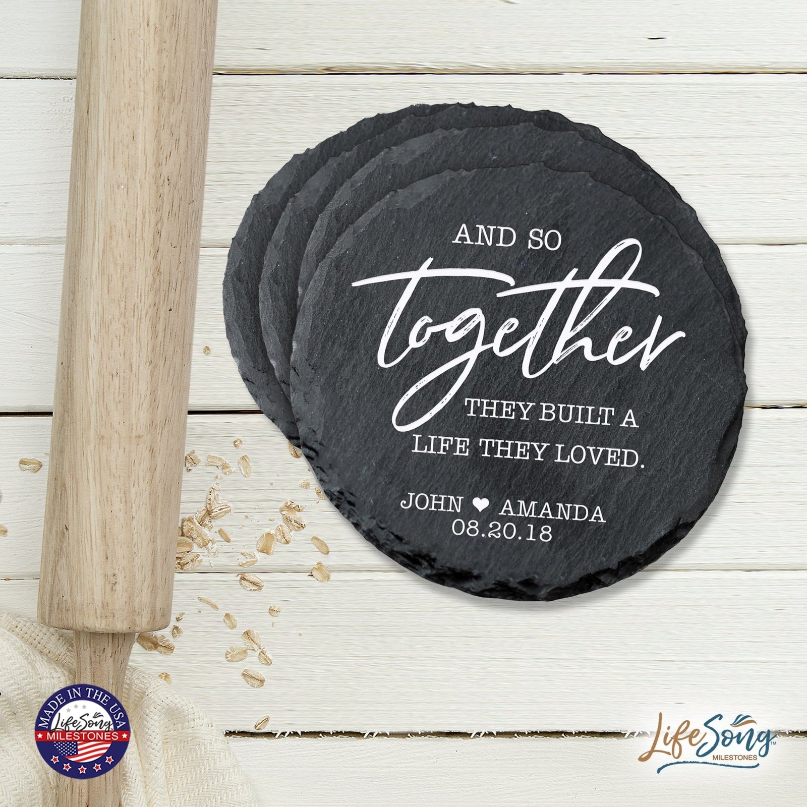 Custom 6pc Coaster Set Kitchen and Tabletop Decorations 4x4 Gift for Couple, Newly Weds, Parents and Grandparents - LifeSong Milestones