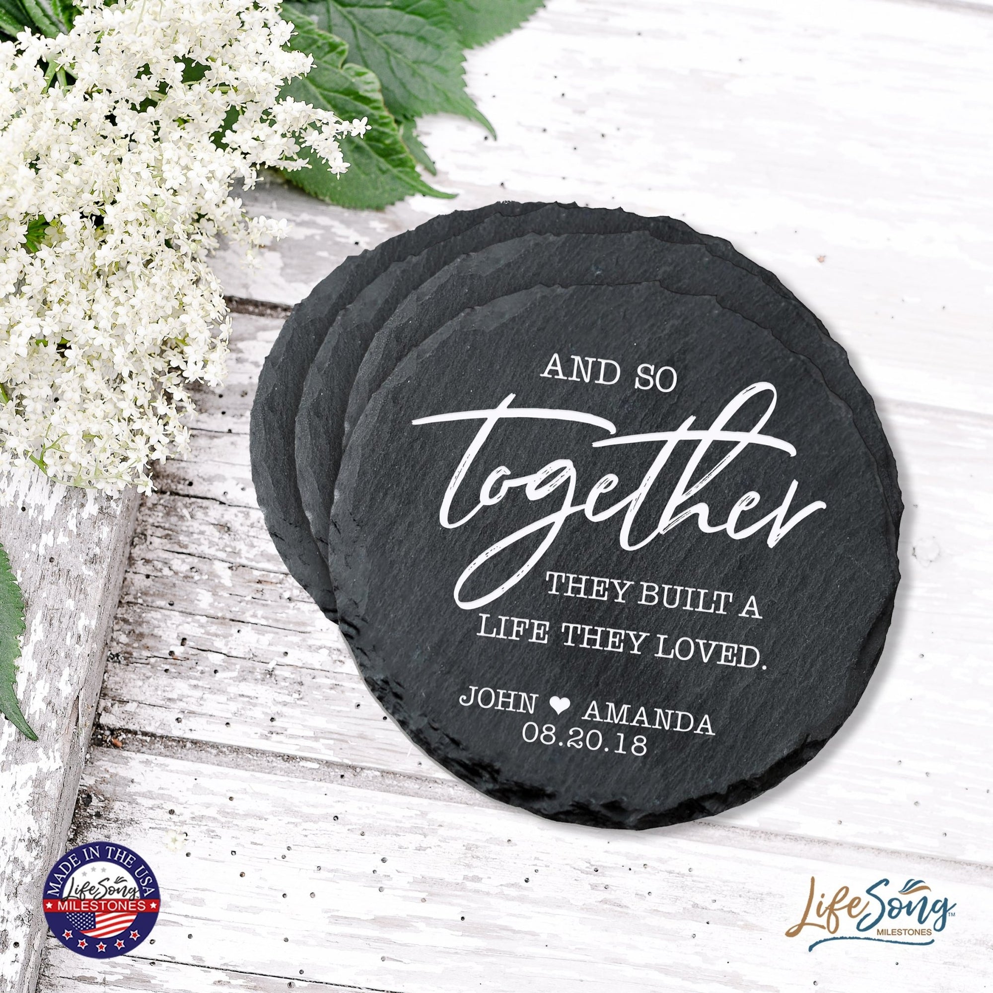 Custom 6pc Coaster Set Kitchen and Tabletop Decorations 4x4 Gift for Couple, Newly Weds, Parents and Grandparents - LifeSong Milestones