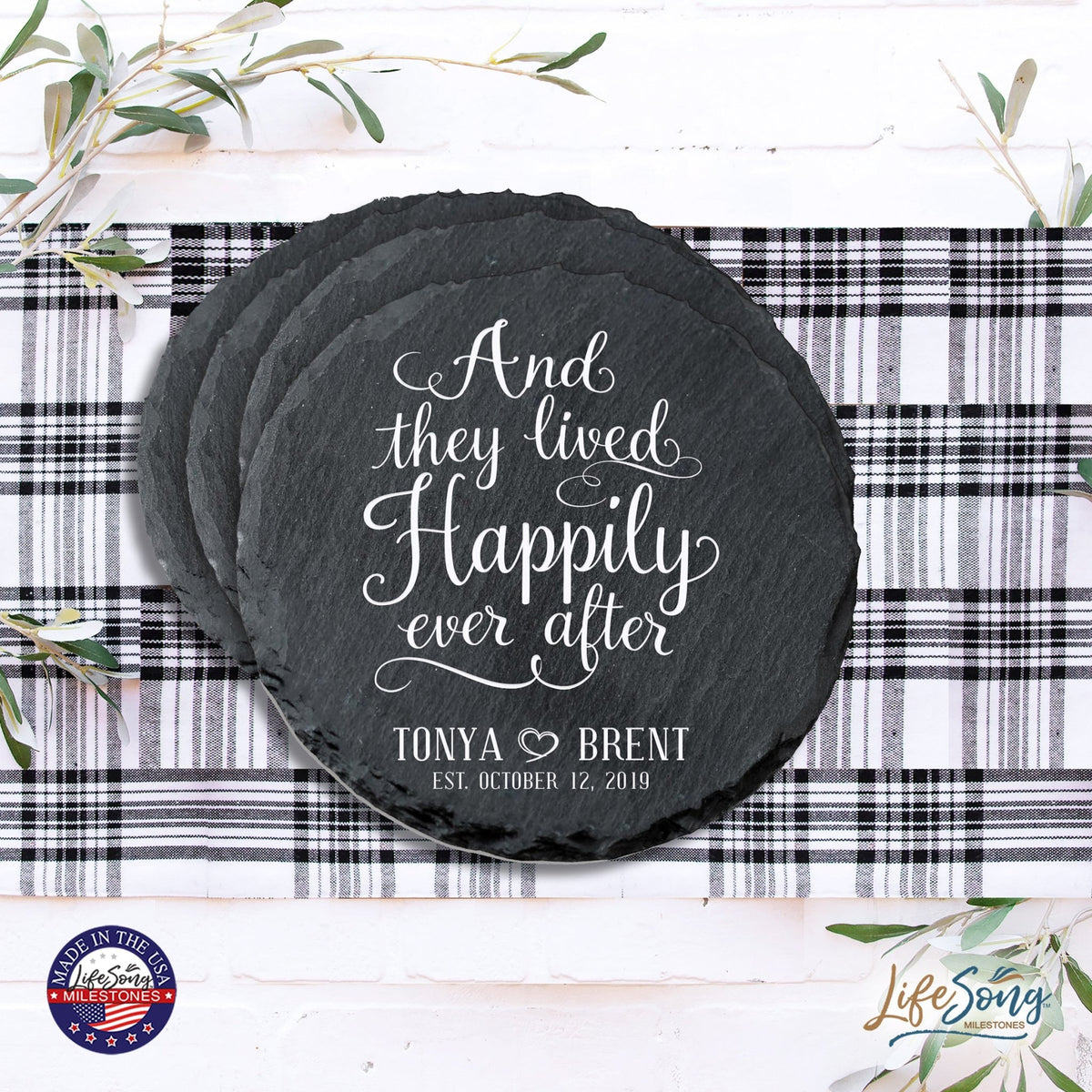 Custom 6pc Coaster Set Kitchen and Tabletop Decorations 4x4 Gift for Couple, Newly Weds, Parents and Grandparents - LifeSong Milestones