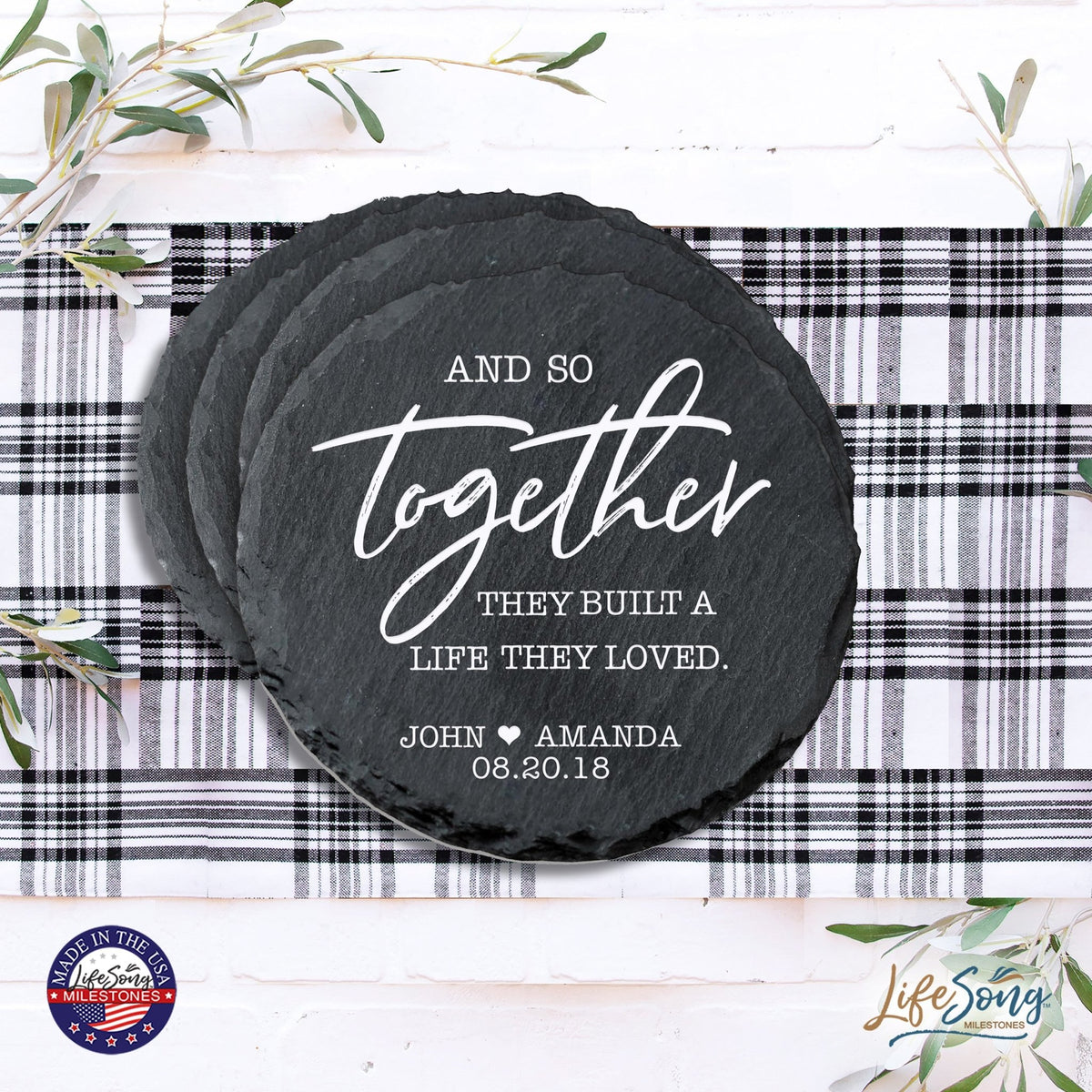 Custom 6pc Coaster Set Kitchen and Tabletop Decorations 4x4 Gift for Couple, Newly Weds, Parents and Grandparents - LifeSong Milestones