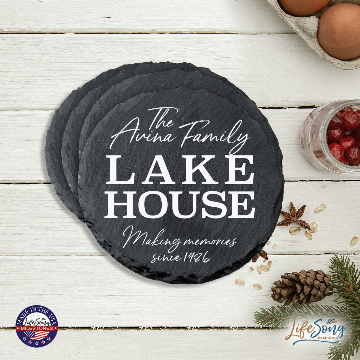 Custom 6pc Coaster Set Kitchen and Tabletop Decorations 4x4 Gift for Family Lake Houses - LifeSong Milestones