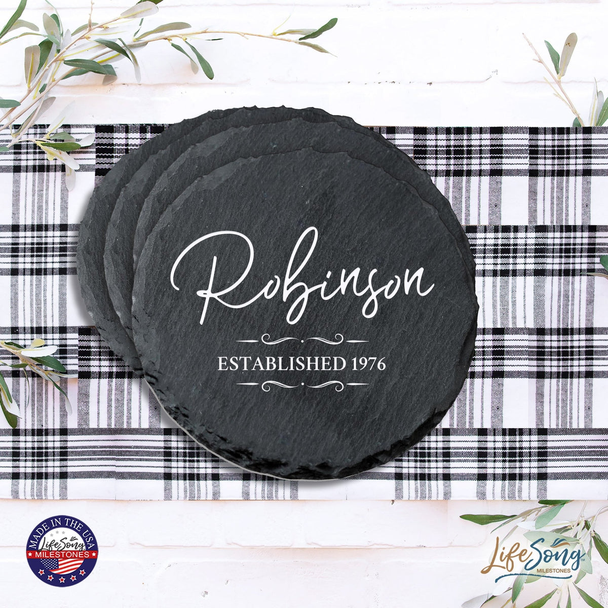 Custom 6pc Coaster Set Kitchen and Tabletop Decorations 4x4 Gift for Last Name, Year - LifeSong Milestones