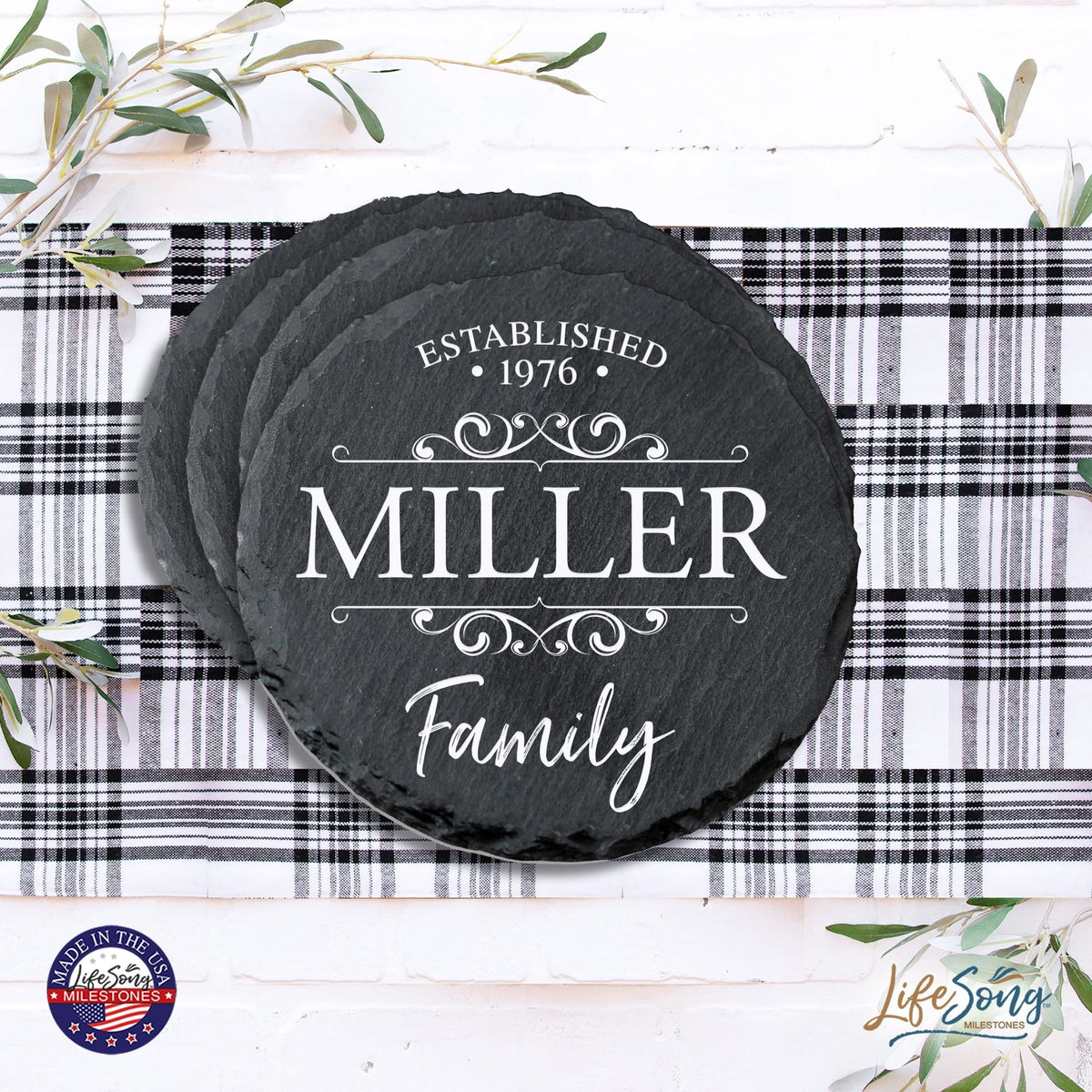 Custom 6pc Coaster Set Kitchen and Tabletop Decorations 4x4 Gift for Last Name, Year - LifeSong Milestones