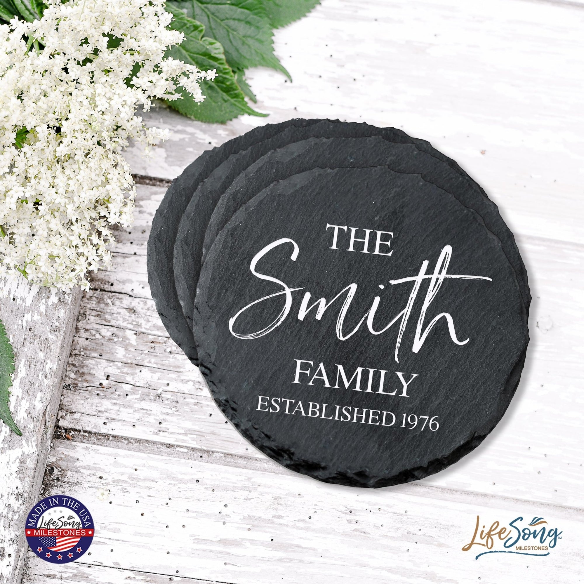 Custom 6pc Coaster Set Kitchen and Tabletop Decorations 4x4 Gift for Last Name, Year - LifeSong Milestones