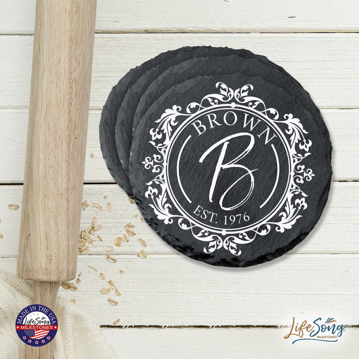 Custom 6pc Coaster Set Kitchen and Tabletop Decorations 4x4 Gift for Last Name, Year - LifeSong Milestones