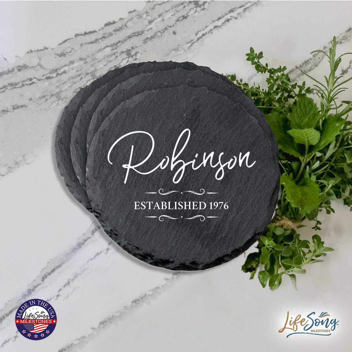 Custom 6pc Coaster Set Kitchen and Tabletop Decorations 4x4 Gift for Last Name, Year - LifeSong Milestones