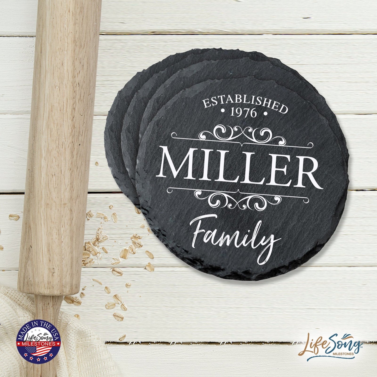 Custom 6pc Coaster Set Kitchen and Tabletop Decorations 4x4 Gift for Last Name, Year - LifeSong Milestones