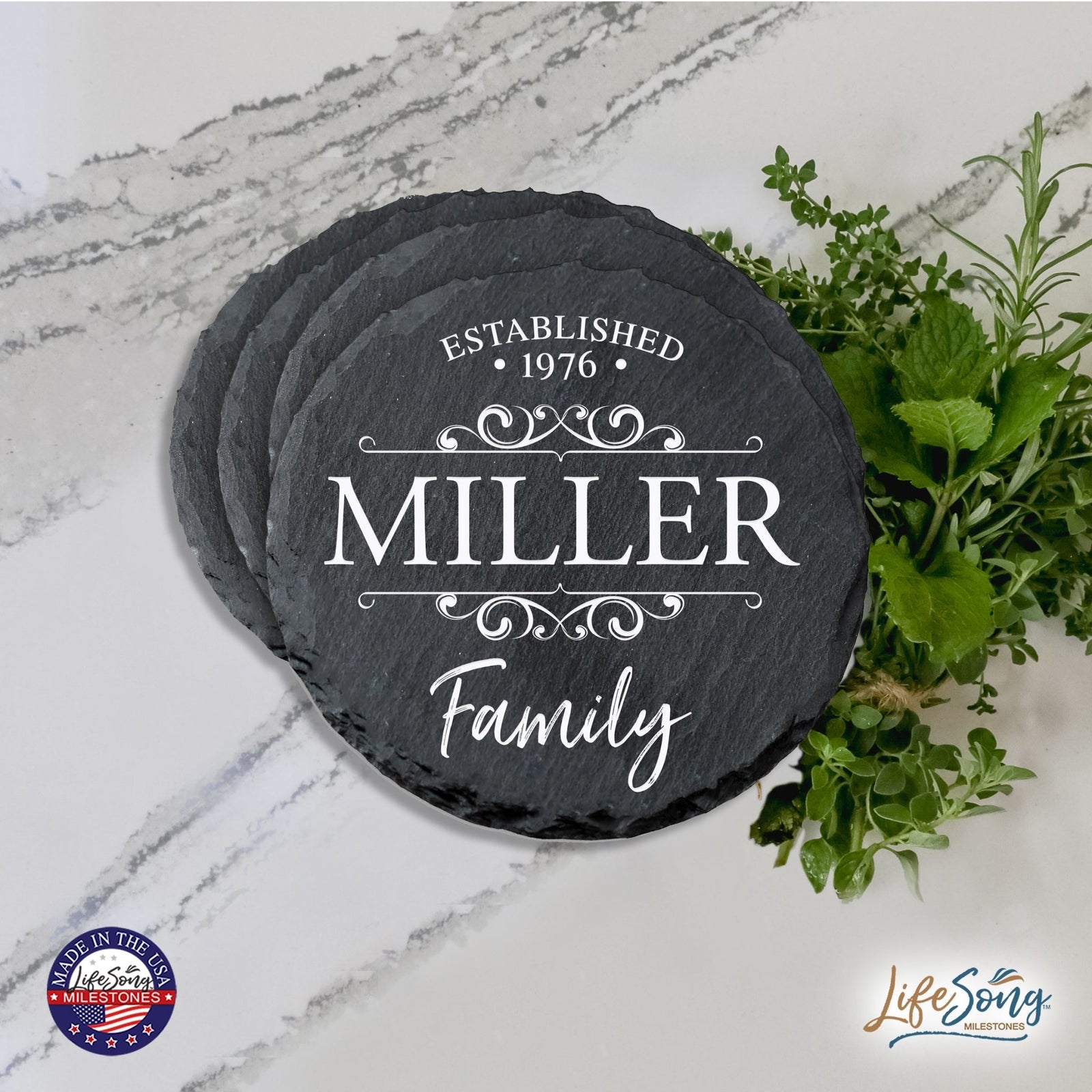 Custom 6pc Coaster Set Kitchen and Tabletop Decorations 4x4 Gift for Last Name, Year - LifeSong Milestones