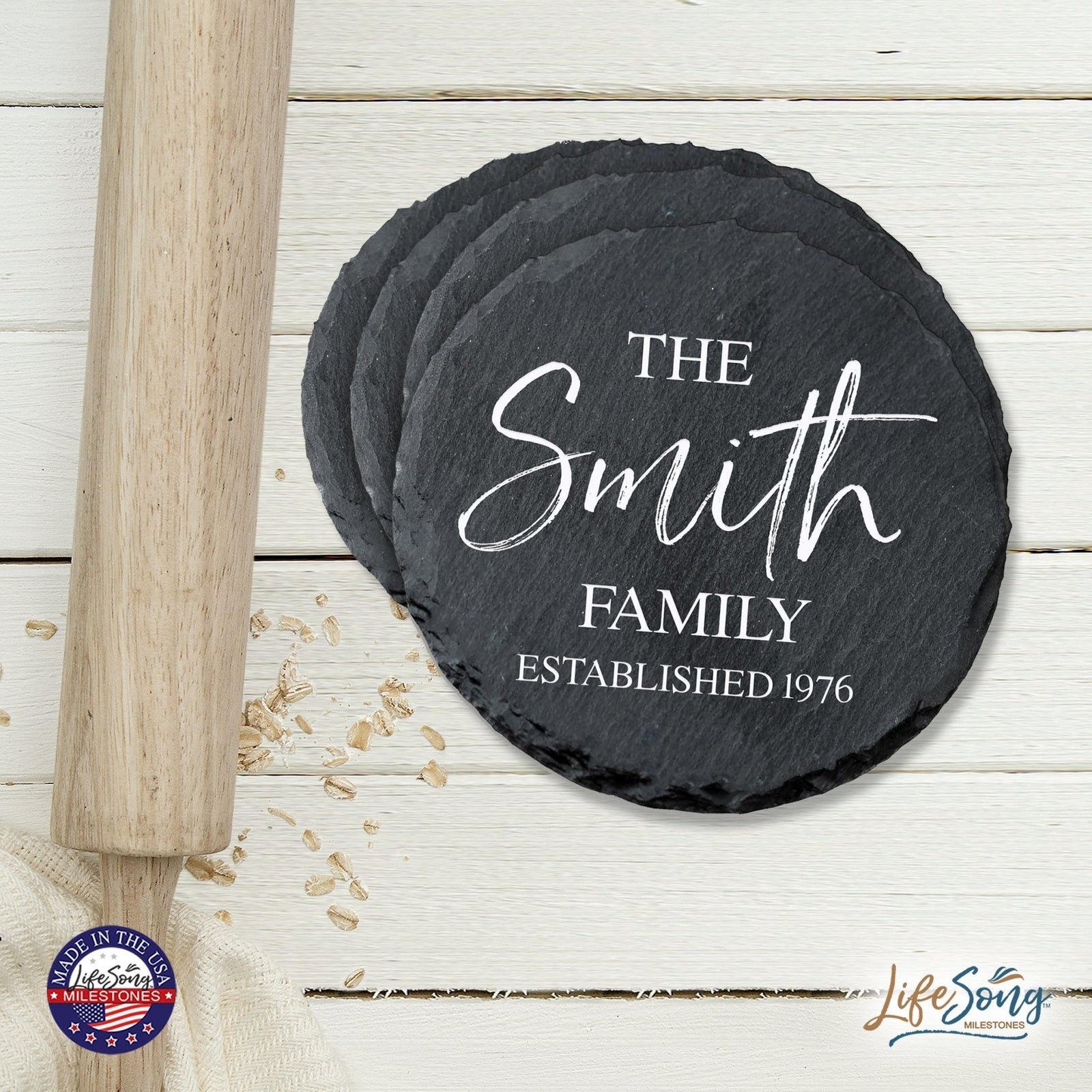 Custom 6pc Coaster Set Kitchen and Tabletop Decorations 4x4 Gift for Last Name, Year - LifeSong Milestones