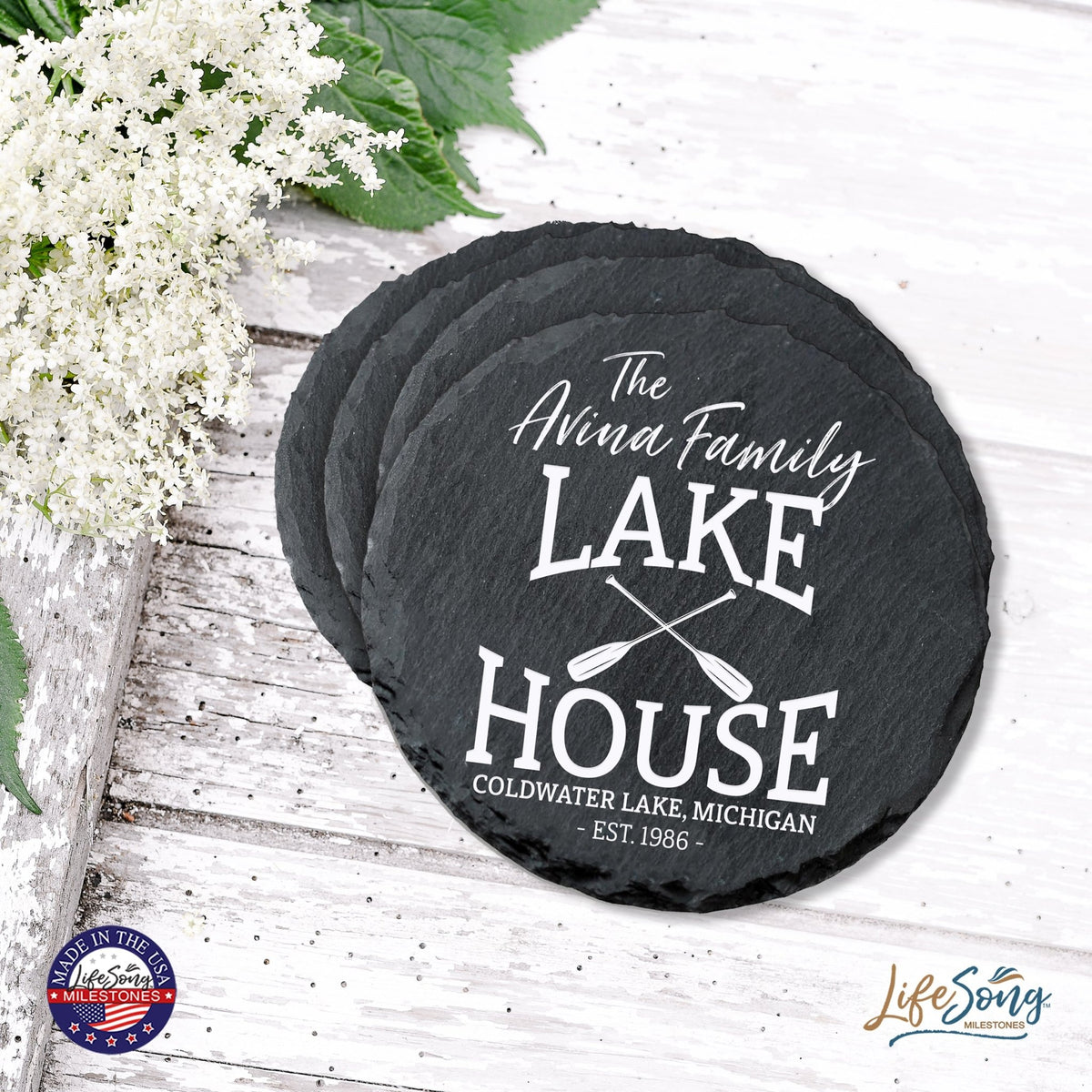 Custom 6pc Coaster Set Kitchen and Tabletop Decorations 4x4 Gift Lake House (Paddles) - LifeSong Milestones