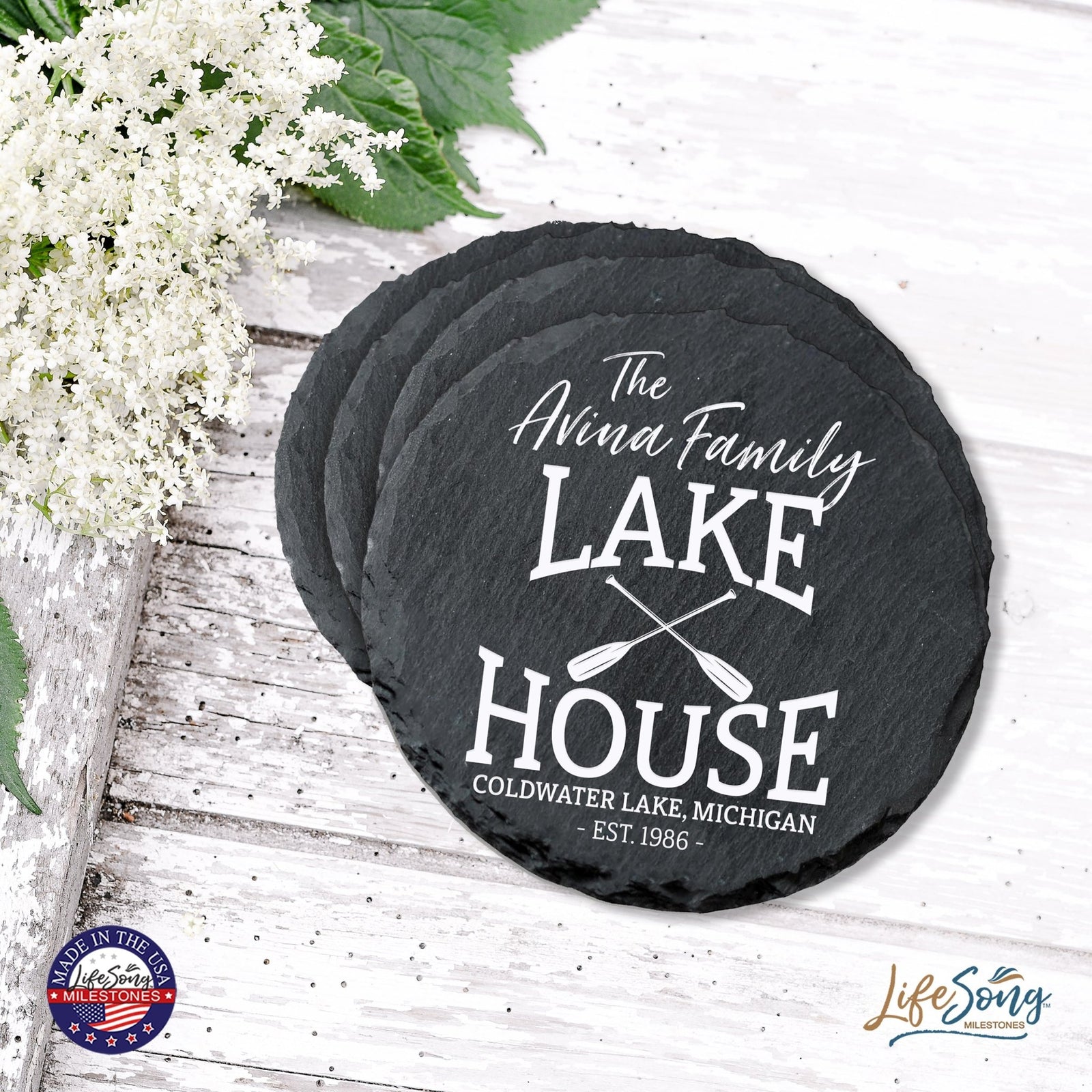 Custom 6pc Coaster Set Kitchen and Tabletop Decorations 4x4 Gift Lake House (Paddles) - LifeSong Milestones