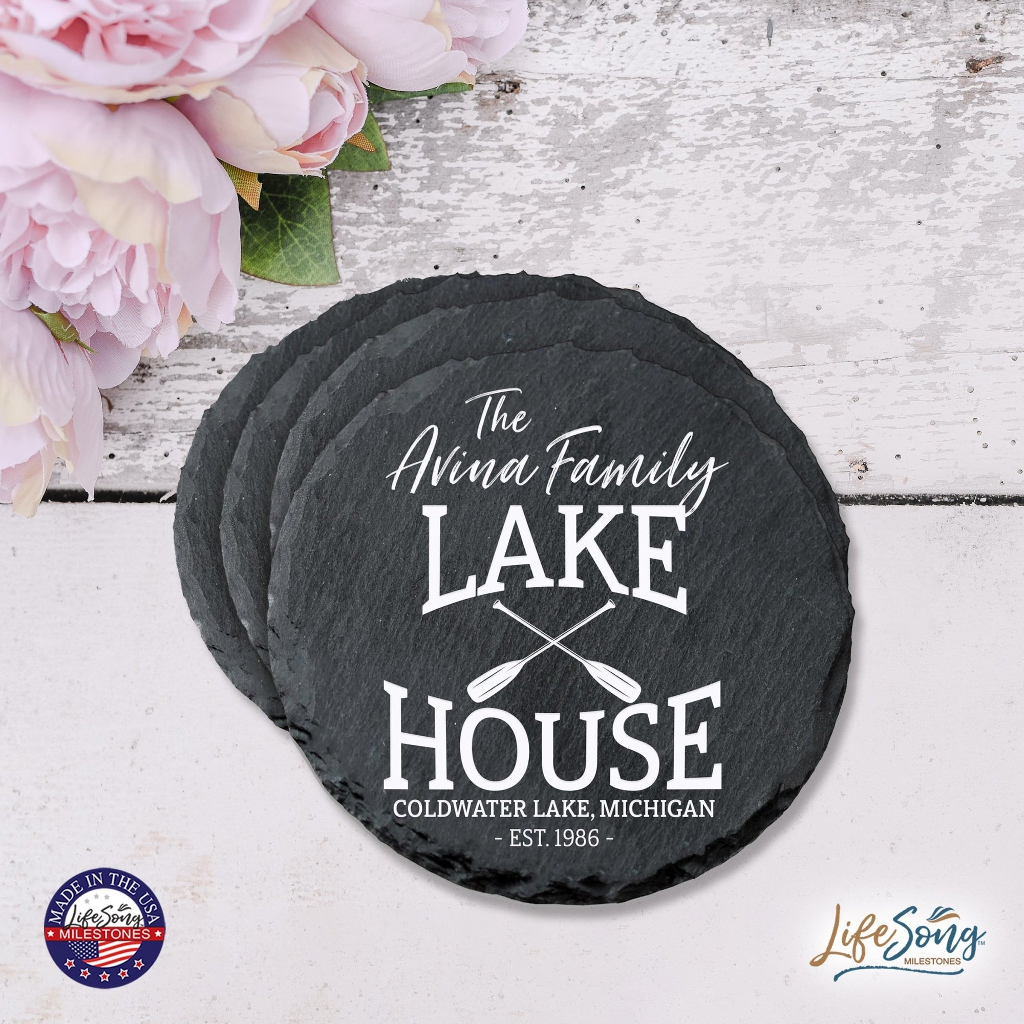 Custom 6pc Coaster Set Kitchen and Tabletop Decorations 4x4 Gift Lake House (Paddles) - LifeSong Milestones