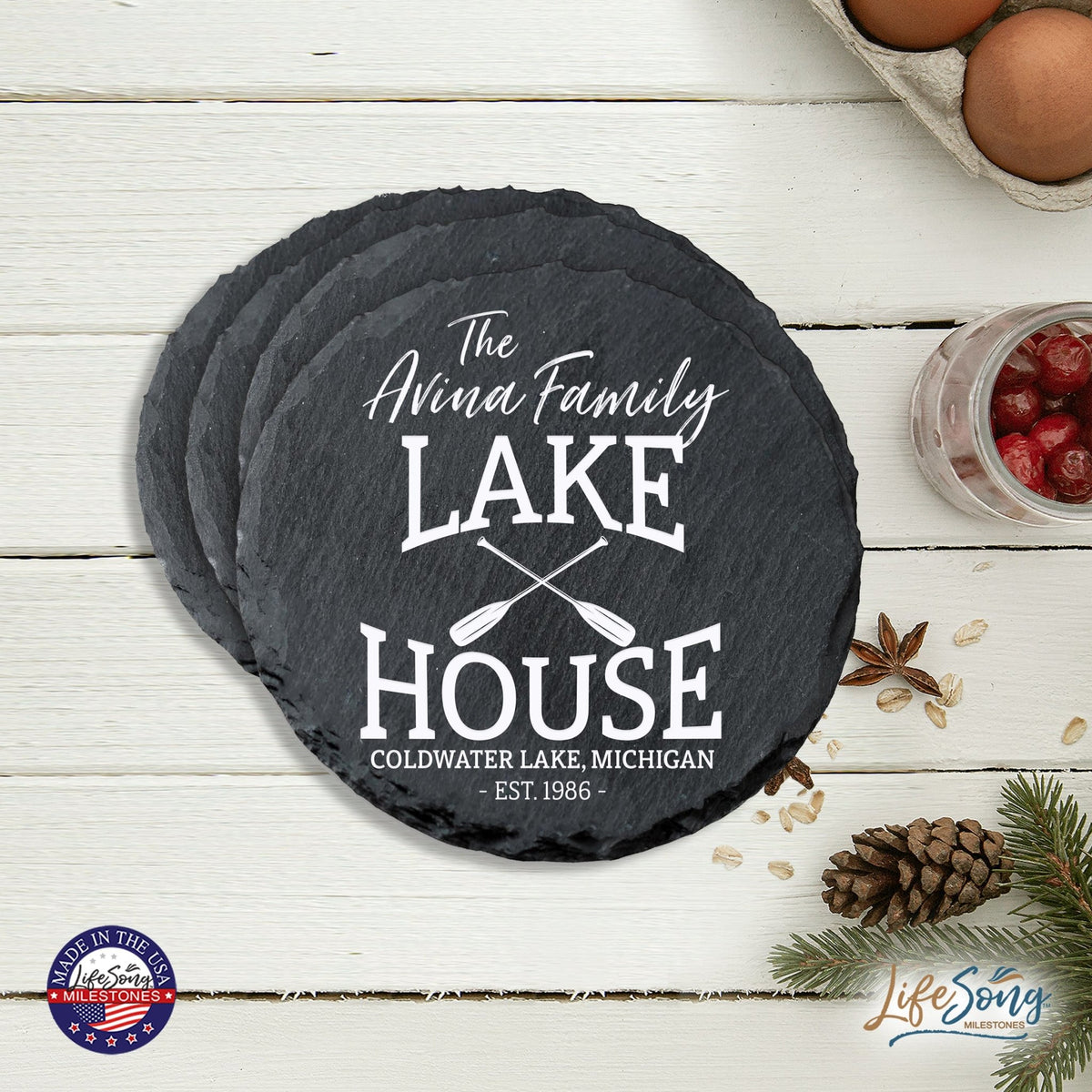 Custom 6pc Coaster Set Kitchen and Tabletop Decorations 4x4 Gift Lake House (Paddles) - LifeSong Milestones