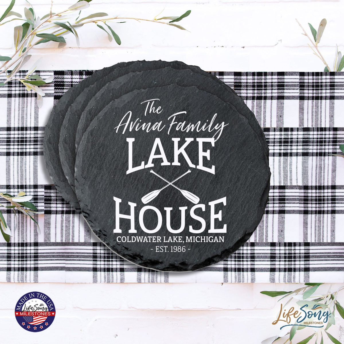 Custom 6pc Coaster Set Kitchen and Tabletop Decorations 4x4 Gift Lake House (Paddles) - LifeSong Milestones