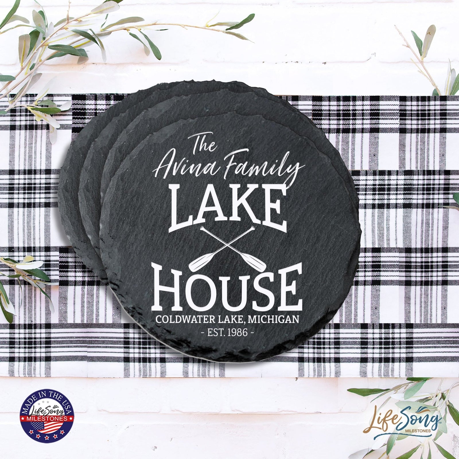 Custom 6pc Coaster Set Kitchen and Tabletop Decorations 4x4 Gift Lake House (Paddles) - LifeSong Milestones