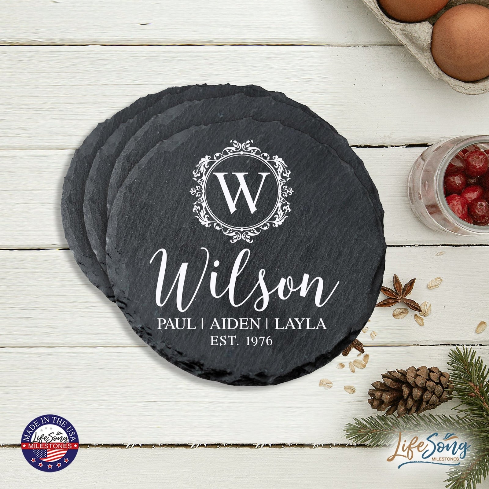 Custom 6pc Coaster Set Kitchen and Tabletop Decorations 4x4 Gift - Last Name, Year - LifeSong Milestones
