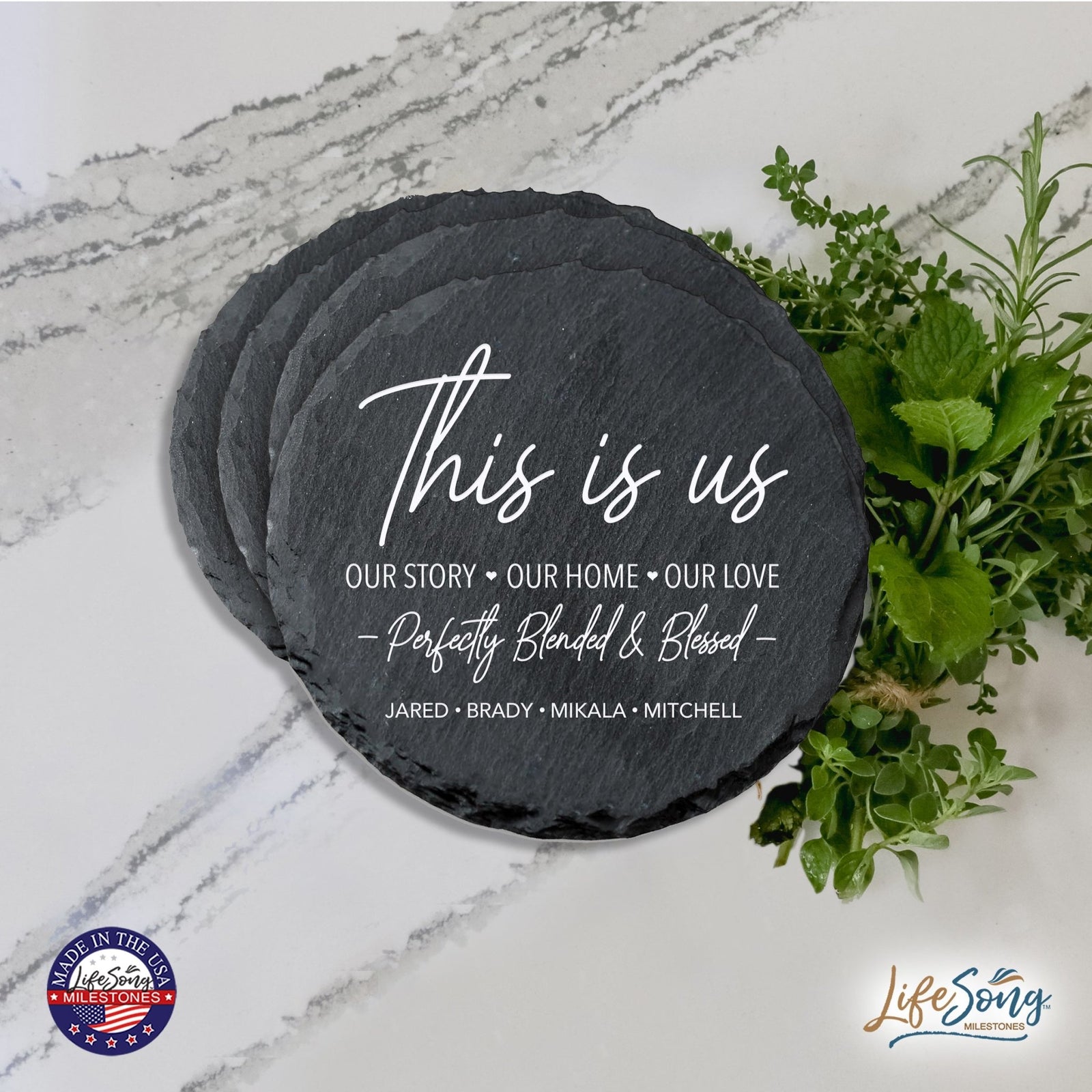 Custom 6pc Coaster Set Kitchen and Tabletop Decorations 4x4 Gift - Perfectly Blended & Blessed - LifeSong Milestones