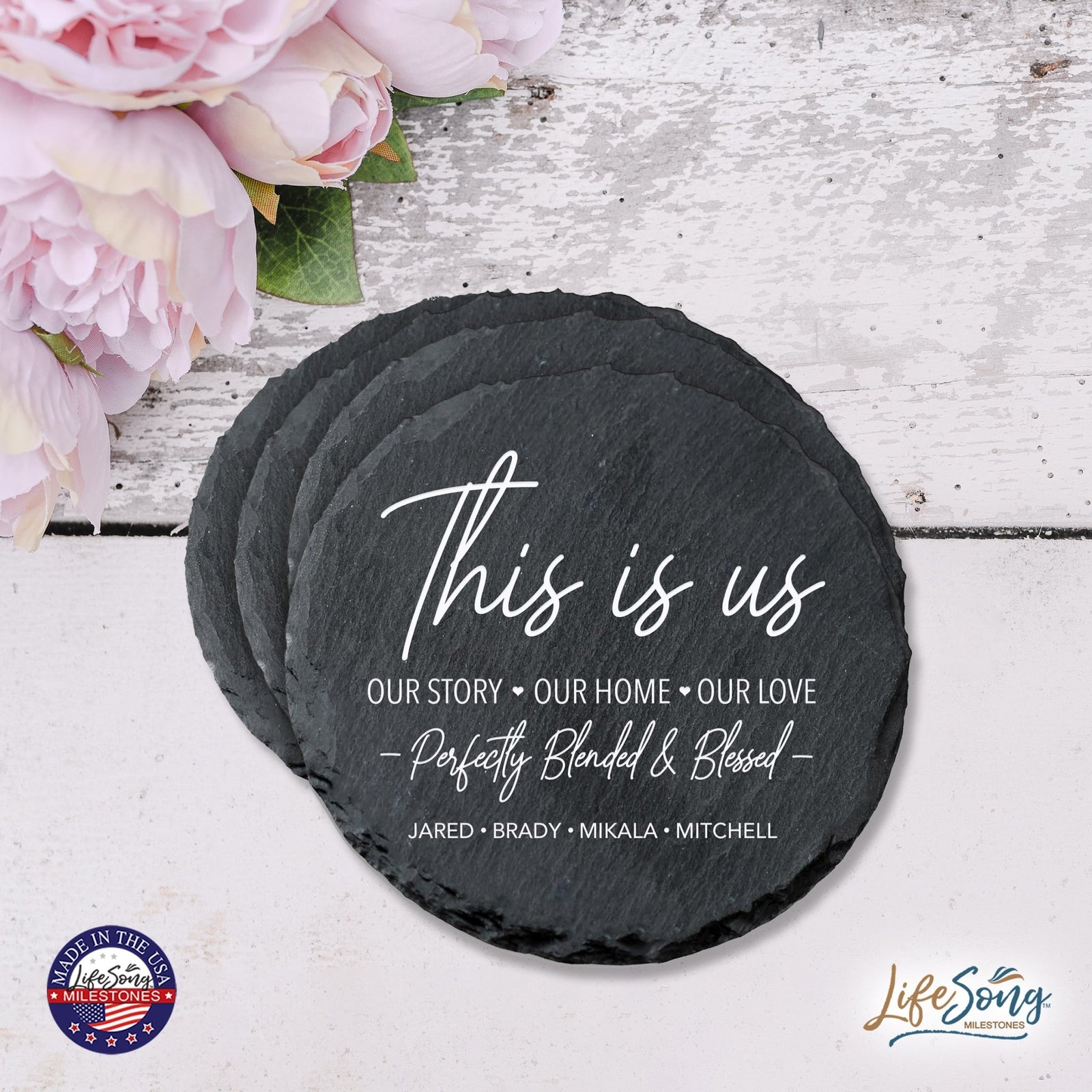 Custom 6pc Coaster Set Kitchen and Tabletop Decorations 4x4 Gift - Perfectly Blended & Blessed - LifeSong Milestones