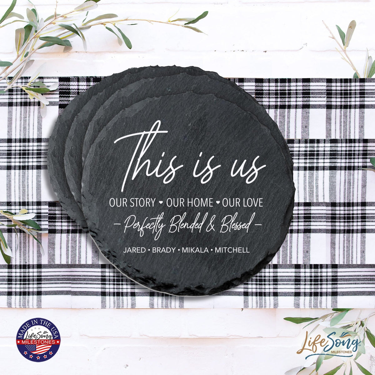 Custom 6pc Coaster Set Kitchen and Tabletop Decorations 4x4 Gift - Perfectly Blended & Blessed - LifeSong Milestones