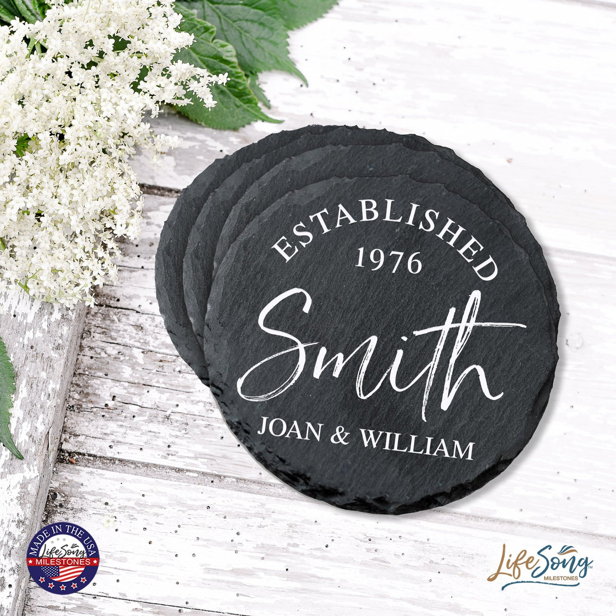 Custom 6pc Coaster Set Kitchen and Tabletop Decorations 4x4 Gift with First and Last Name, Year - LifeSong Milestones