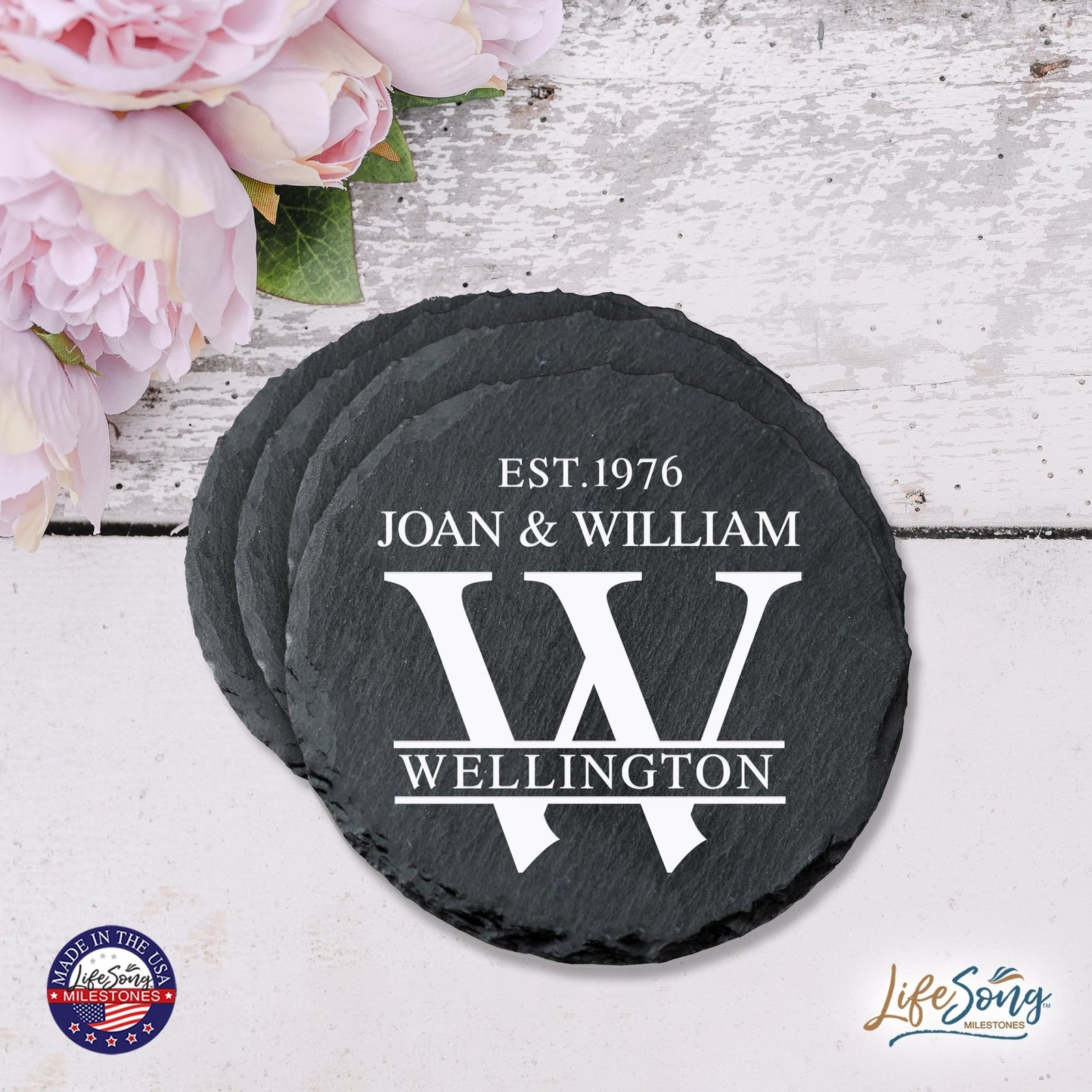 Custom 6pc Coaster Set Kitchen and Tabletop Decorations 4x4 Gift with First and Last Name, Year - LifeSong Milestones