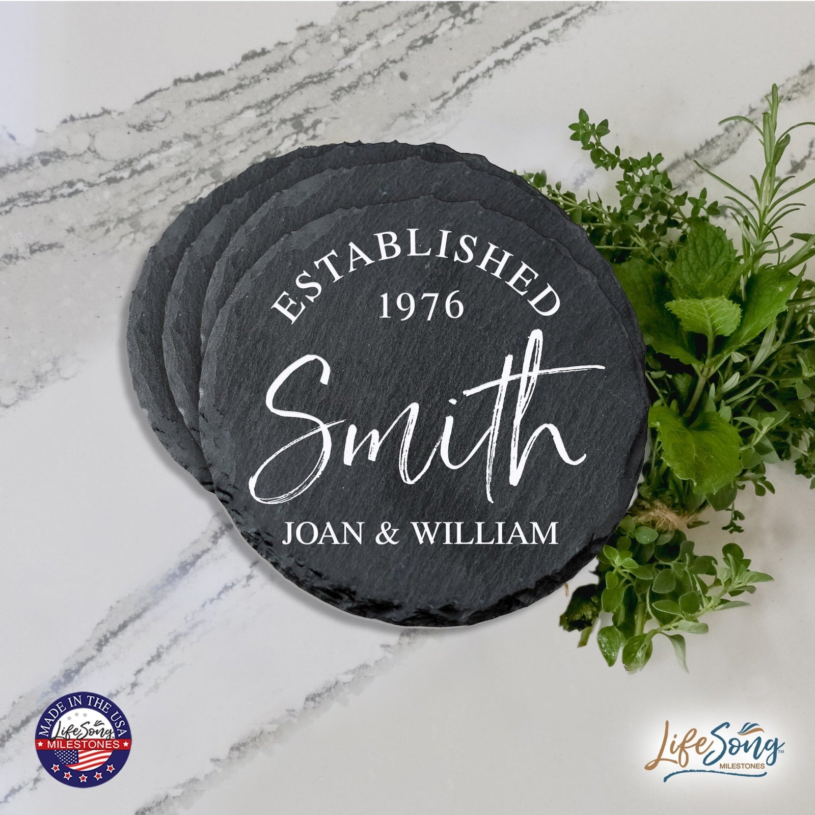 Custom 6pc Coaster Set Kitchen and Tabletop Decorations 4x4 Gift with First and Last Name, Year - LifeSong Milestones