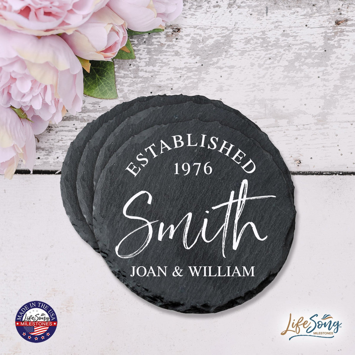 Custom 6pc Coaster Set Kitchen and Tabletop Decorations 4x4 Gift with First and Last Name, Year - LifeSong Milestones