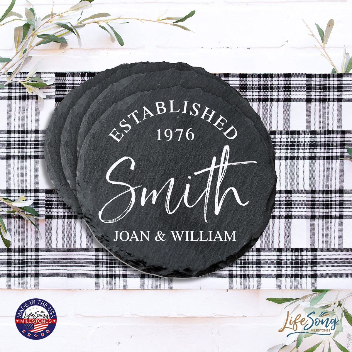 Custom 6pc Coaster Set Kitchen and Tabletop Decorations 4x4 Gift with First and Last Name, Year - LifeSong Milestones