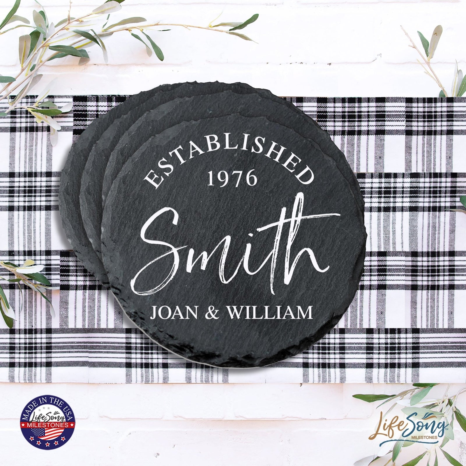 Custom 6pc Coaster Set Kitchen and Tabletop Decorations 4x4 Gift with First and Last Name, Year - LifeSong Milestones