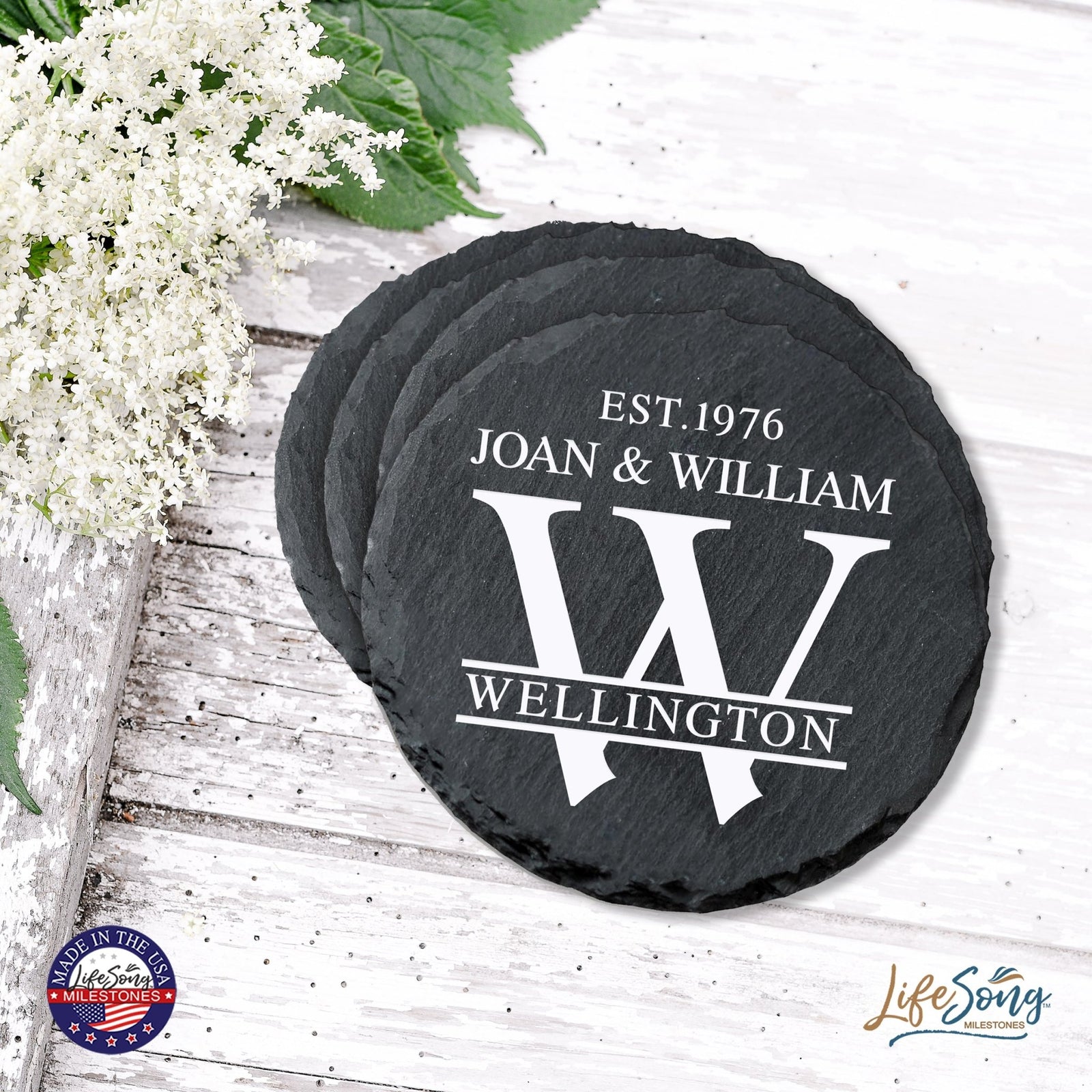 Custom 6pc Coaster Set Kitchen and Tabletop Decorations 4x4 Gift with First and Last Name, Year - LifeSong Milestones