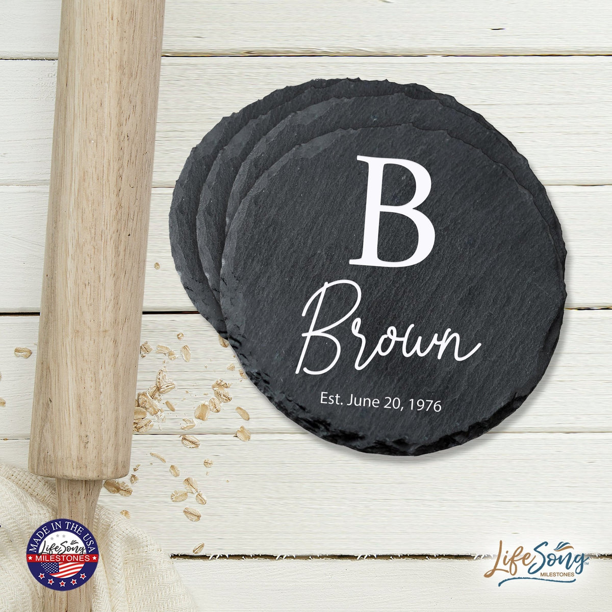 Custom 6pc Coaster Set Kitchen and Tabletop Decorations 4x4 Gift with Last Name, Year - LifeSong Milestones
