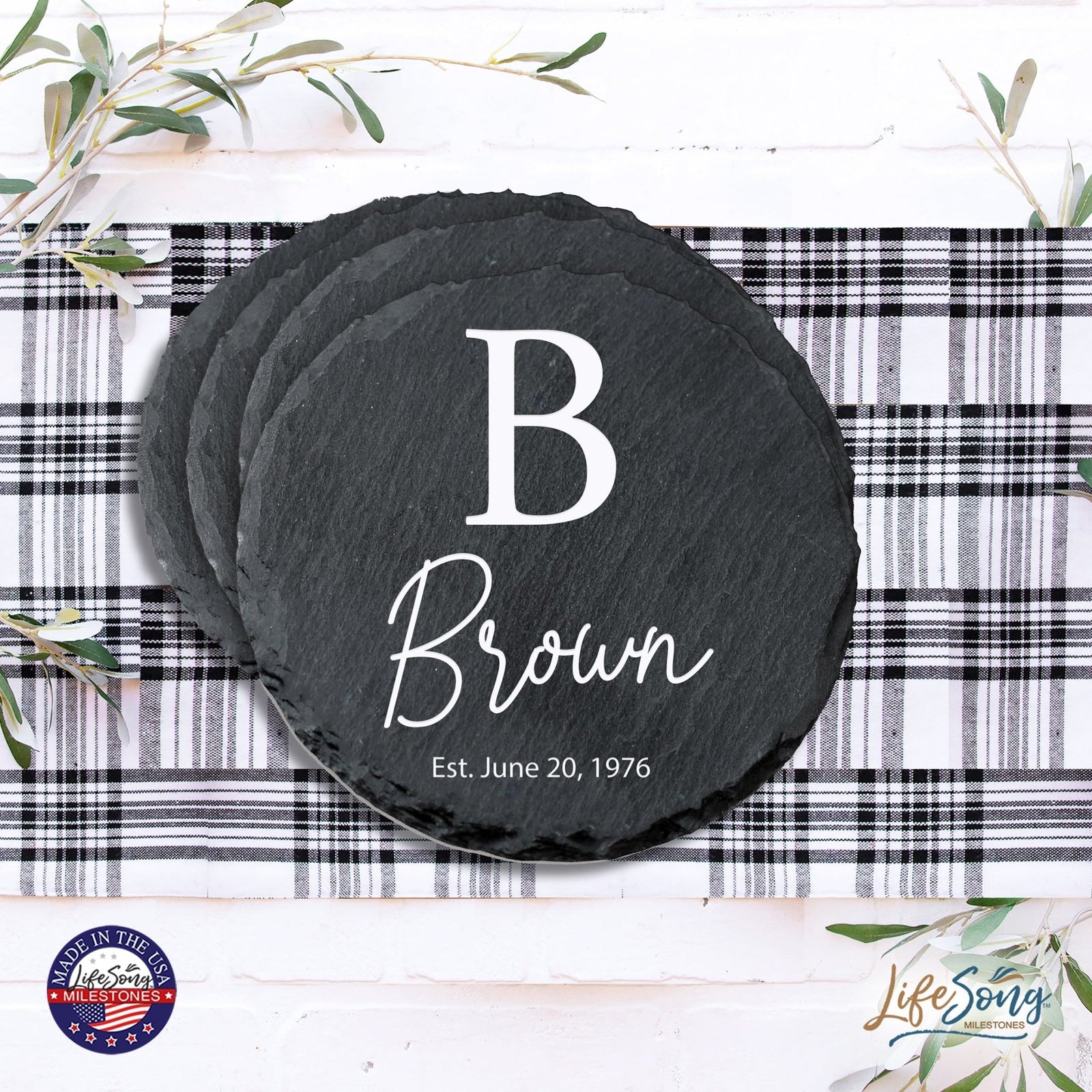 Custom 6pc Coaster Set Kitchen and Tabletop Decorations 4x4 Gift with Last Name, Year - LifeSong Milestones