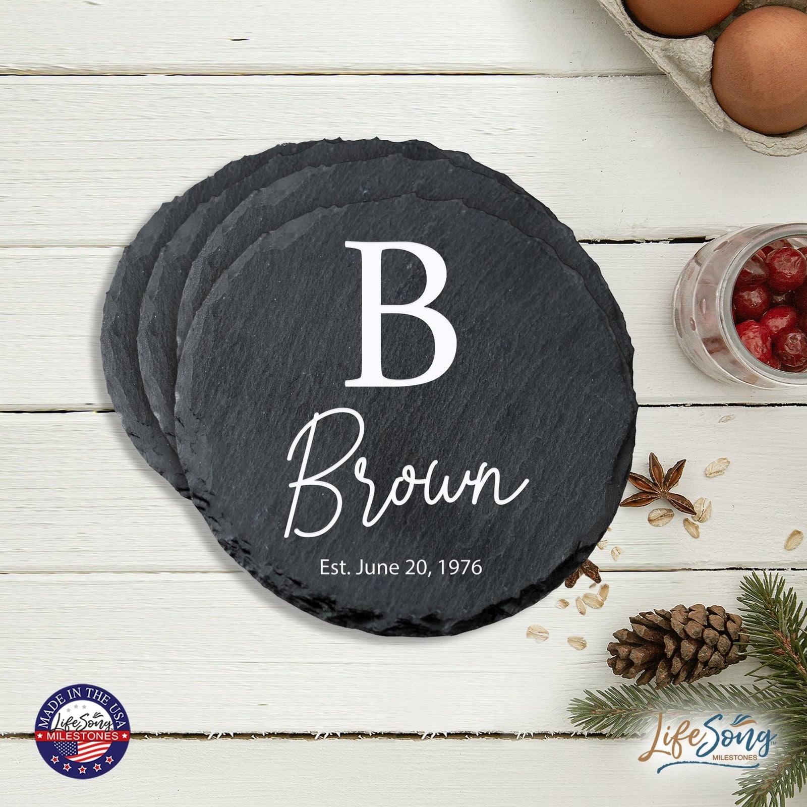 Custom 6pc Coaster Set Kitchen and Tabletop Decorations 4x4 Gift with Last Name, Year - LifeSong Milestones